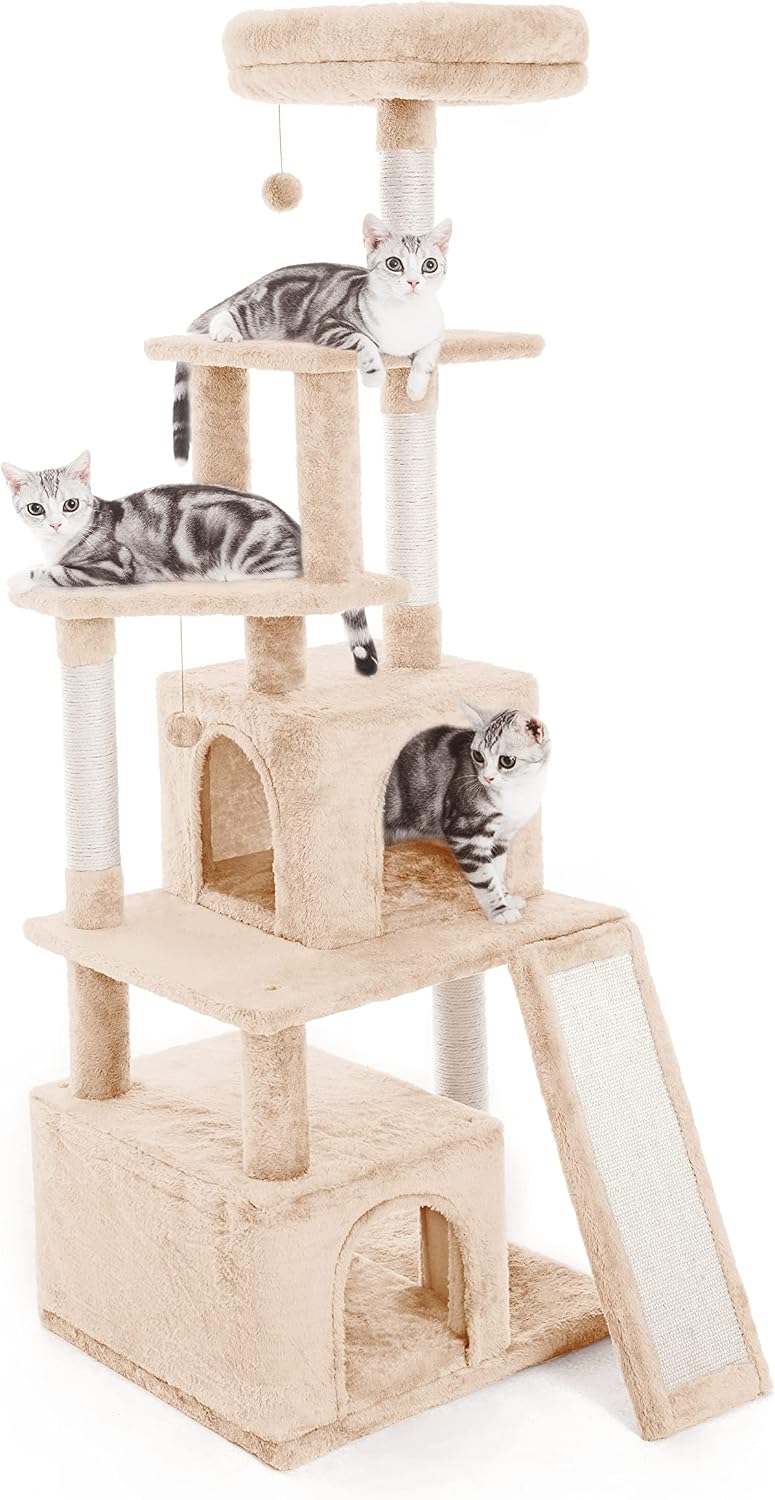 Pesofer 61.8 Inches Cat Tree Multi-Level Cat Tower with Large Scratching Pad and Dangling Balls for All Cats Beige
