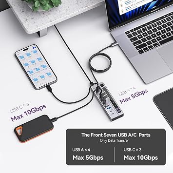Minisopuru USB C Hub Powered 10Gbps,45 Charging,65W Adapter,9 in 1 Splitter