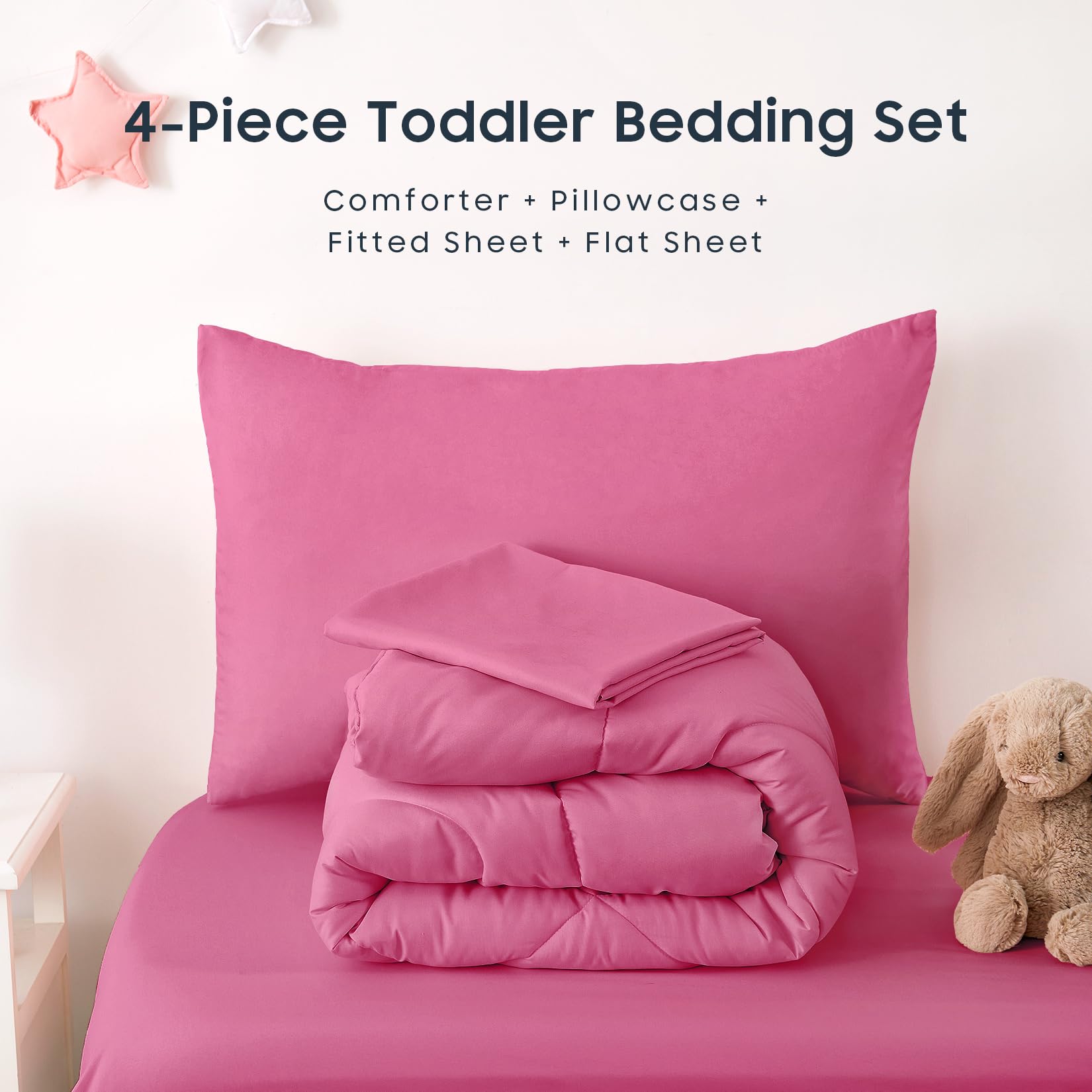Wake In Cloud - Juego de ropa de cama para niños y niñas, juego de cama suave de 4 piezas para cuna que incluye edredón, sábanas y funda de almohada, color rosa intenso