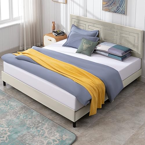 Miniatura 1 de Mjkone Base de cama tapizada de tamaño matrimonial, base de cama matrimonial con cabecera ajustable, plataforma con cabeza de clavos brillante,