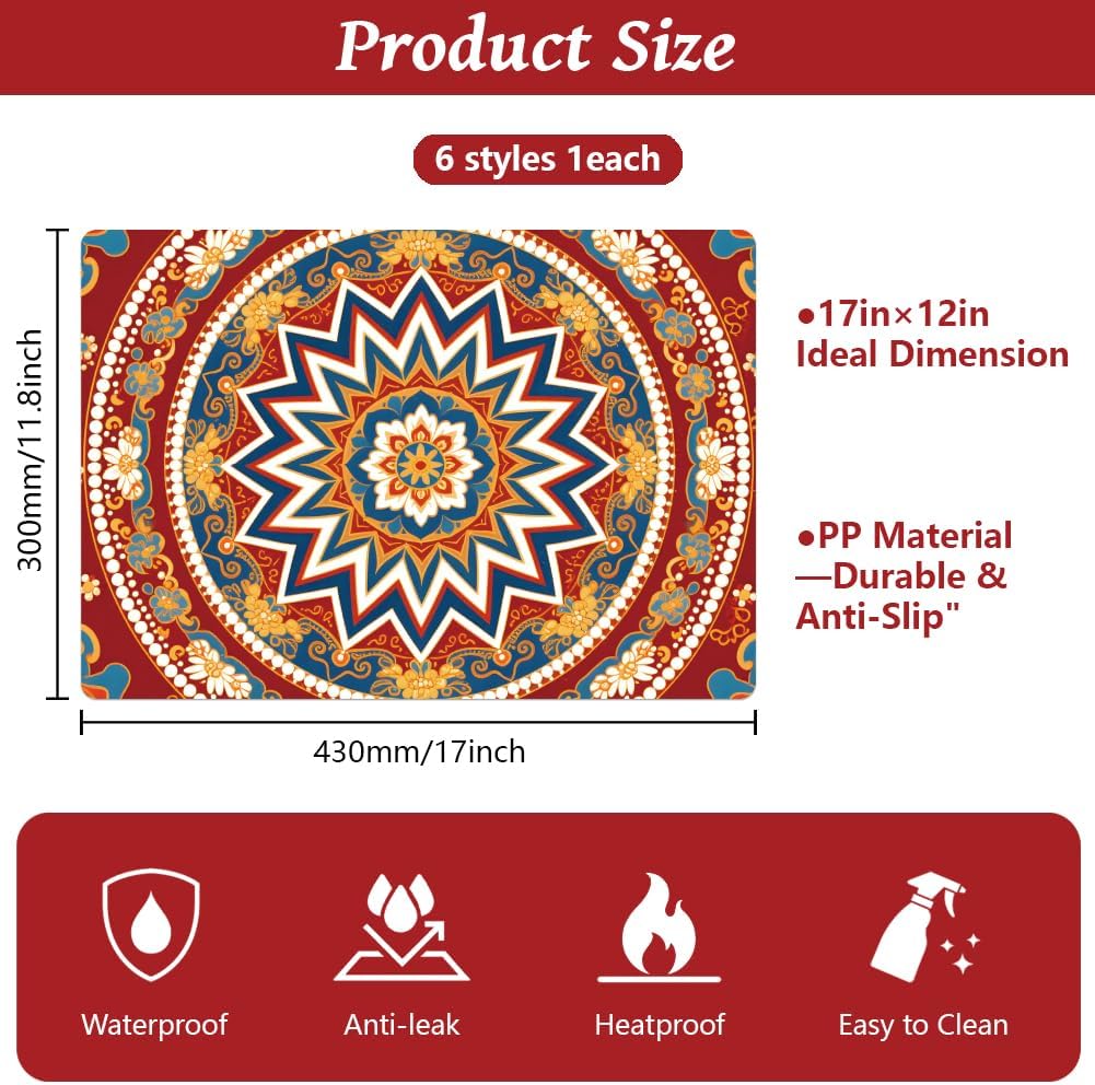 Peacoblue Mandala and Bohemian Pattern Placemats Set of 6,12"x17" Waterproof Washable Table Place Mats for Indoor Outdoor Farmhouse Party Kitchen Dining Table Decoration