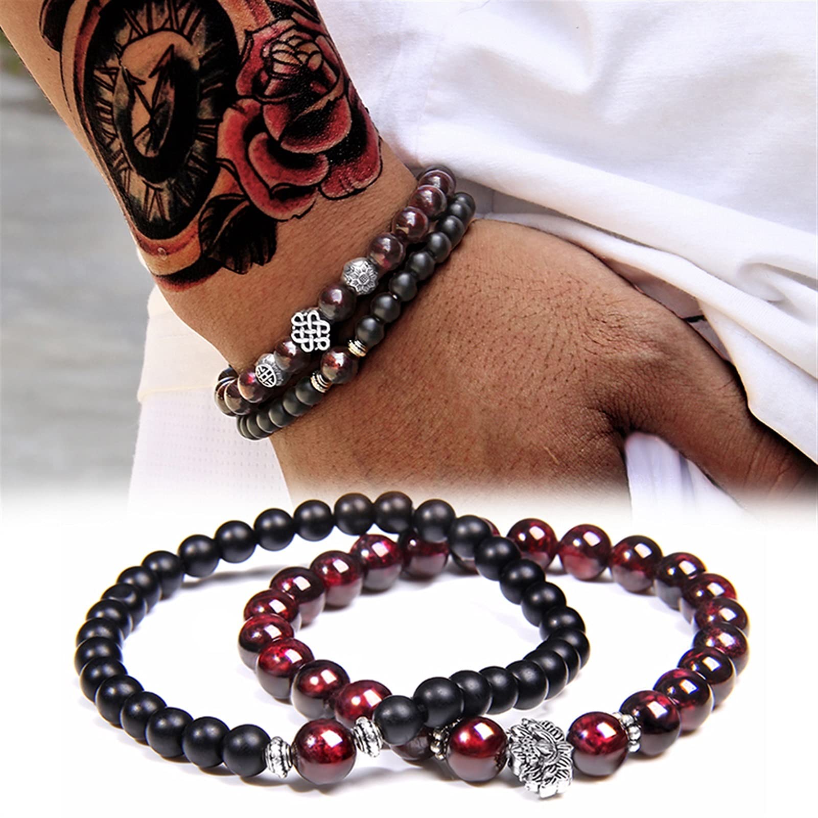 Naturstein-Armband, Herren-Armbänder, natürlicher Granat-Perlen-Armband für Frauen, rotes Stein-Armband, versilbert, Yoga-Balance, Paar-Schmuck, Geschenk, Armband-Schmuck