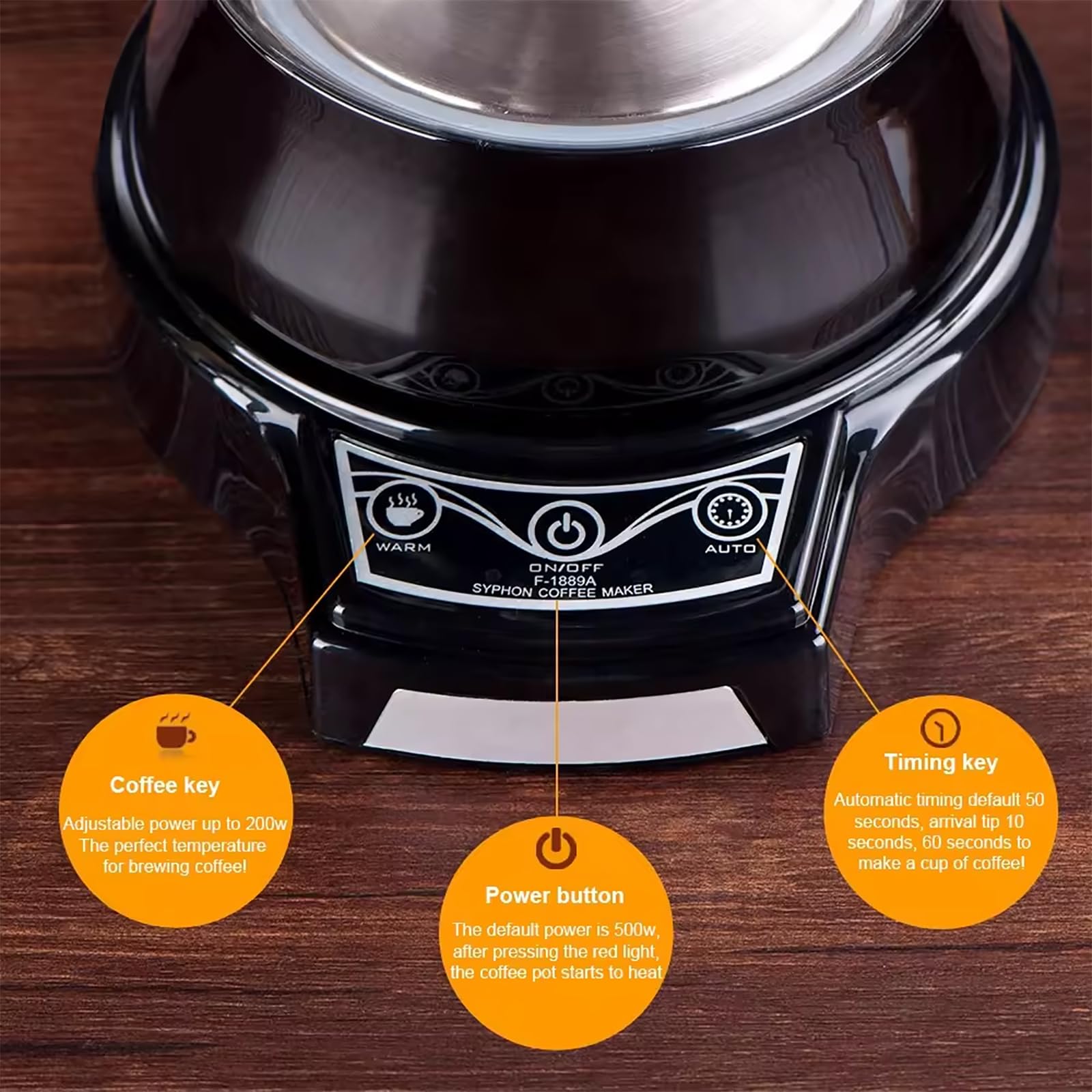 Cafetera De Sifón De Vidrio Al Vacío De 1 a 3 Tazas, Cafetera De Sifón De Sobremesa con Chasis Calefactor De Acero Inoxidable, Potencia Ajustable De 200 a 500 W Y Temporizador Automático