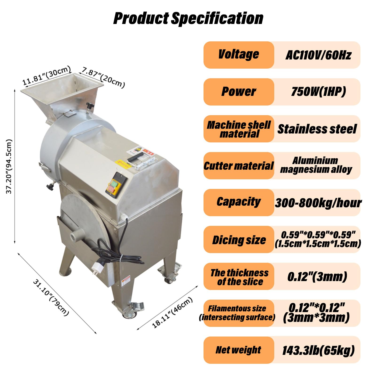 WYDDDARY AC110V Fruit and Vegetable Slicing Machine 300-800kg/hour Small Electric Dicing & Shredding Cutter Machine for food processing plants, catering industry