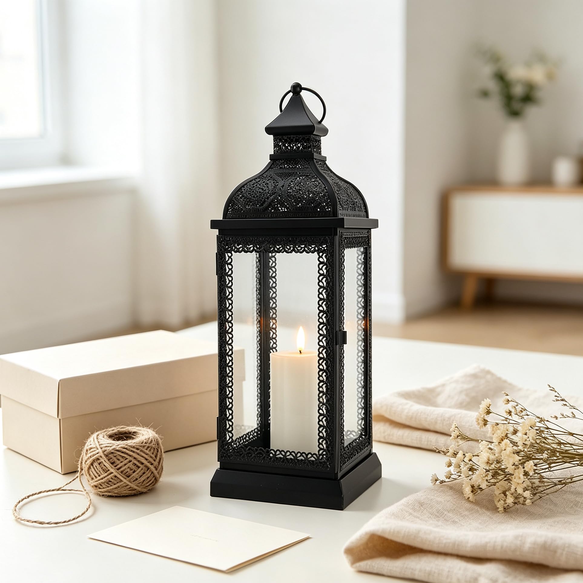 TRIROCKS Farol de Metal Estilo Rústico, Soporte de Vela Grande con Vidrio Templado para Acción de Gracias, Navidad, Sala, Jardín y Patio (Negro)