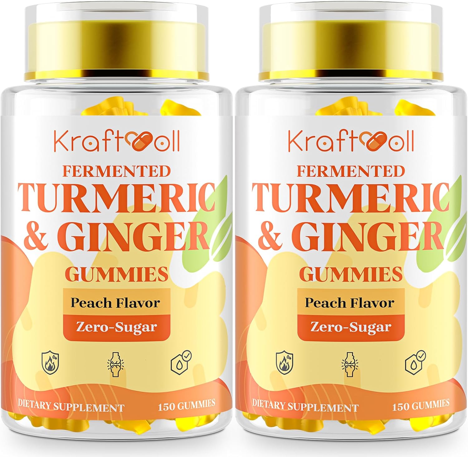 Turmeric Curcumin with Ginger Gummies, Vegan Formula with Fermented Turmeric & Black Pepper, Joint Comfort & Mobility, Sugar-Free with Vitamin D3 + K2, Natural Peach Flavor – 150 Gummies (2 Bottles)