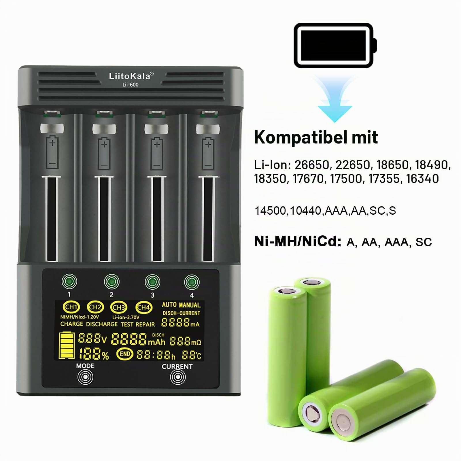 LiitoKala Lii-600 Batterieladegerät mit LCD Touch Control Display, USB 5V Mobile Output, für 14550 18490 18650 26650 Li-Lion (3.7V), AA AAA SC NI-MH Li-ion (1.2V), 12V5A, 4 Bay