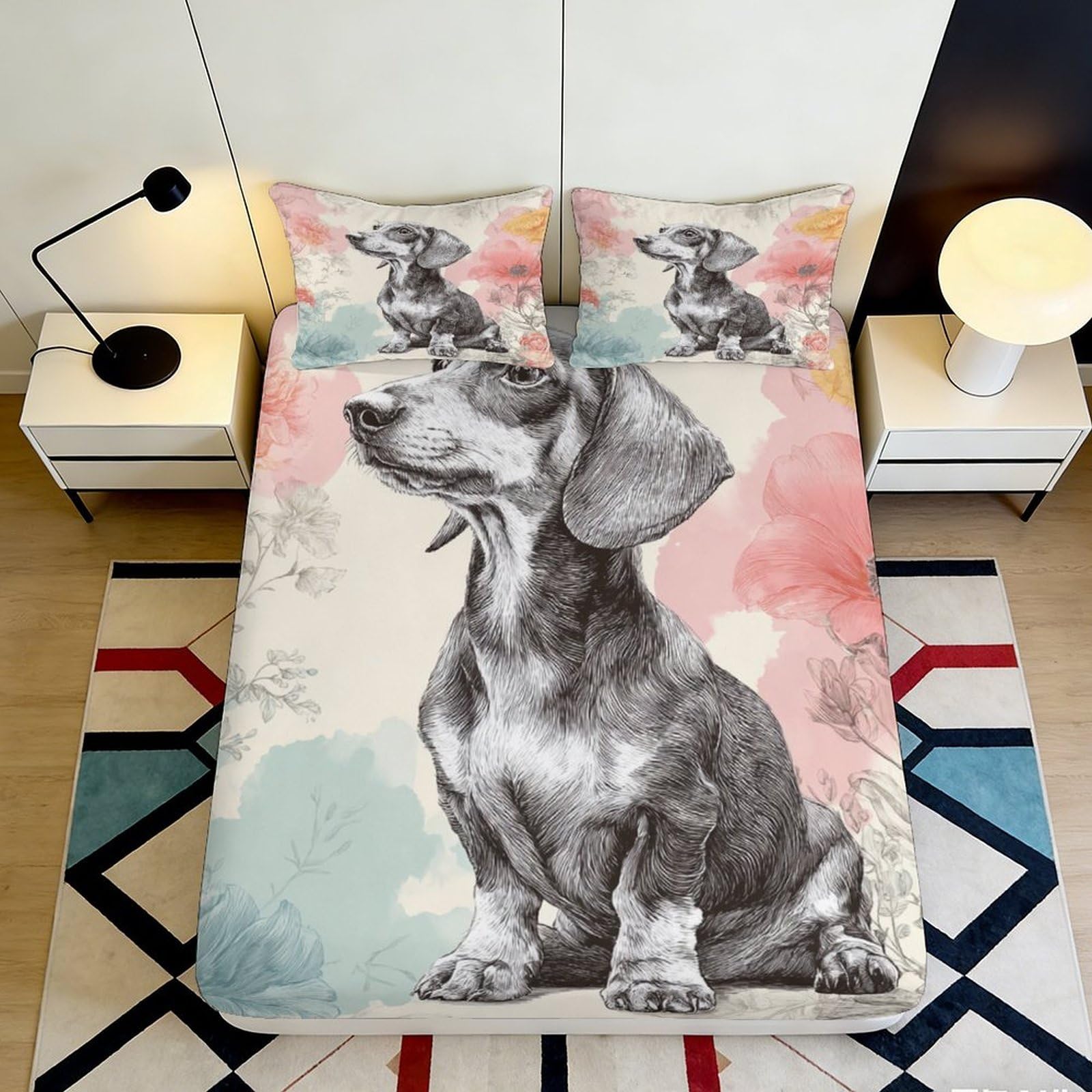Jqzkxnhpbr Style-4 3D Printed Dachshund Art Fitted Sheet Microfiber Soft Breathable Watercolor Dog Mattress Cover For Bedroom Dorm Decor 90X200x25cm