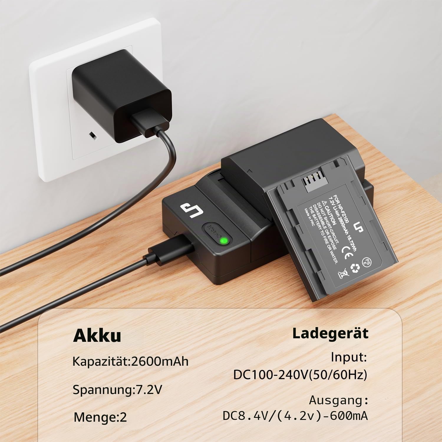 LP NP-FZ100 Akkus und USB-C Ladegerät,2-Stück 2600mAh Ersatzakku für Sony A7iii, A7iv, A7C, FX3, FX30, A9, A6600, A6700, ZV-E1, ZV-E10ii, Alpha 9, A9S, A7R III, A7R IV, A7R V Kameraakkus