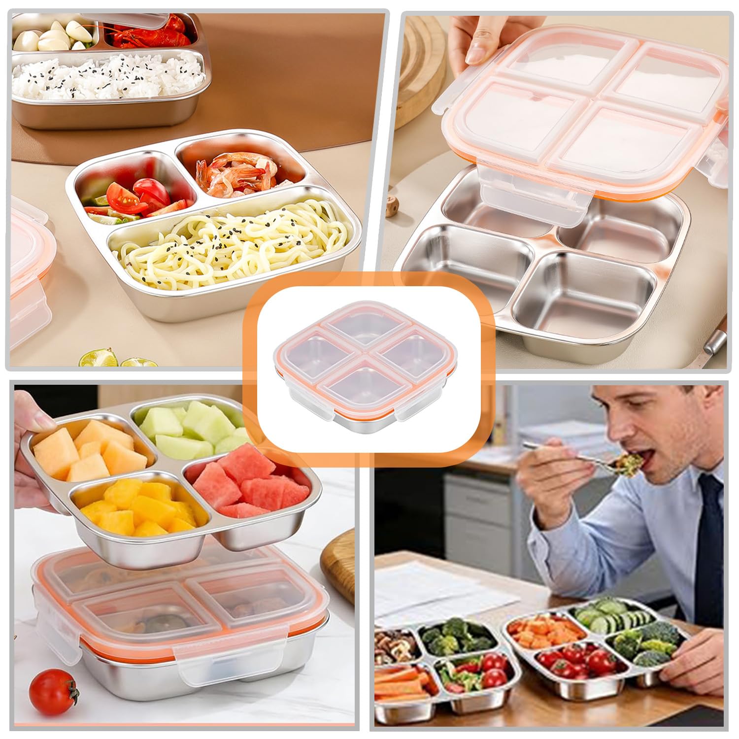 2 szt. lunchboxów z 4 przegródkami, 600 ml stal nierdzewna, szczelne bento boxy z pokrywką, wielokrotnego użytku, do szkoły, pracy i na camping