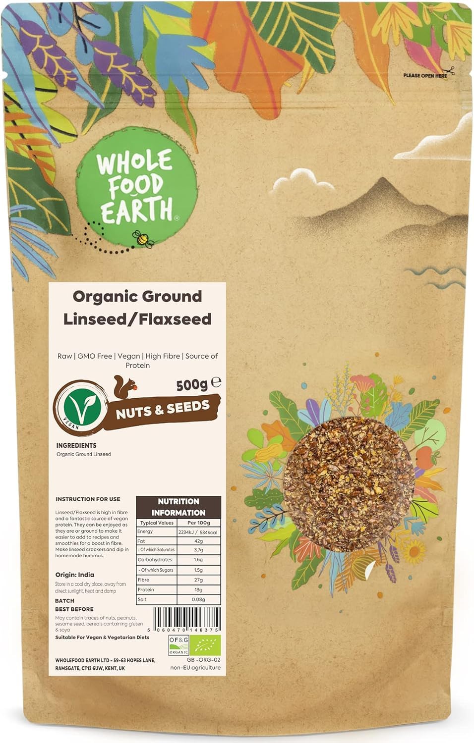 Wholefood Earth Graines de lin moulues bio - 500 g - Crues - Sans OGM - Véganes - Riches en fibres - Source de protéines - Certifiées biologiques - 1