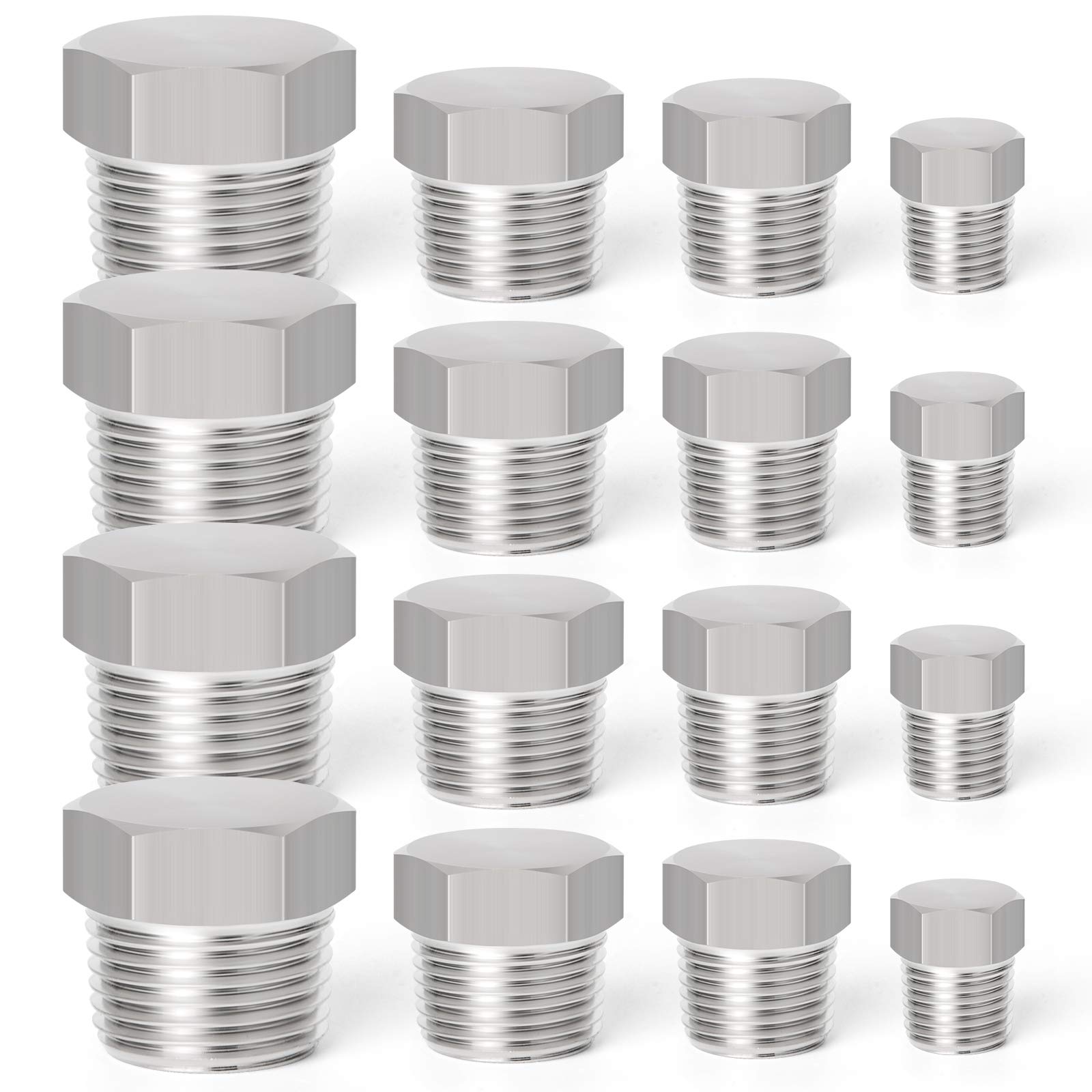 TAISHER16PCS Stainless Steel Outer Hex Thread Socket Pipe Plug Fitting 1/8" 1/4" 3/8" 1/2" NPT Male