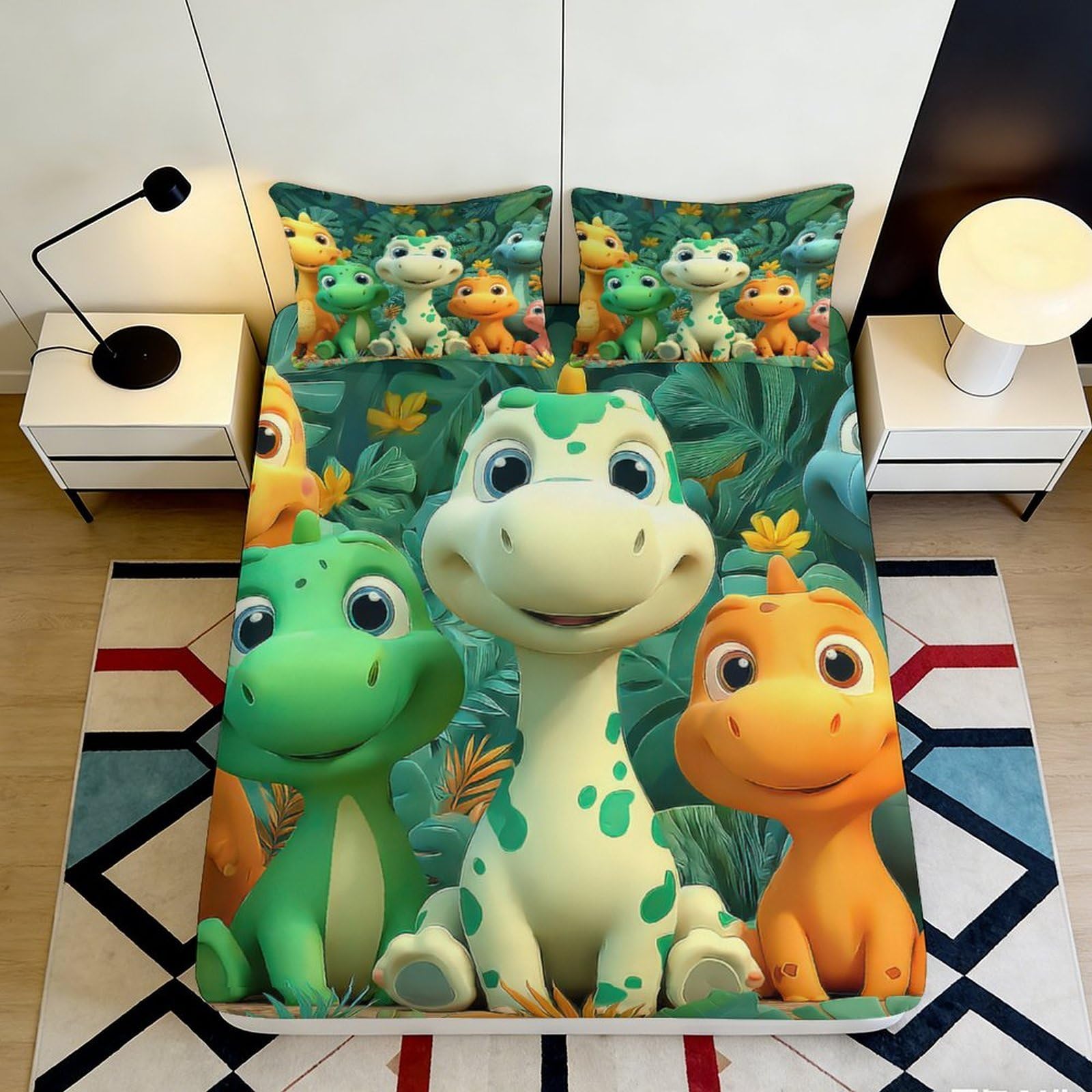 3D Printed Cute Dinosaur Fitted Sheet Microfiber Soft Breathable Cartoon Dino Mattress Cover for Bedroom Dormitory Guest Room Mattress Protection Decor 200x200x25cm