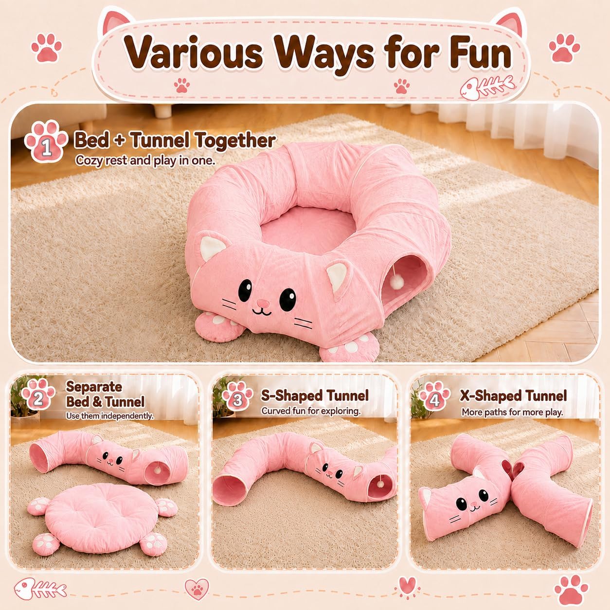 Cat Tunnel Bed with 21 Interactive Toys | Kitten Bed with Collapsible Tunnel for Indoor Cats, Cute Play Tube with Enrichment Toys (Pink, Kitten Pattern)