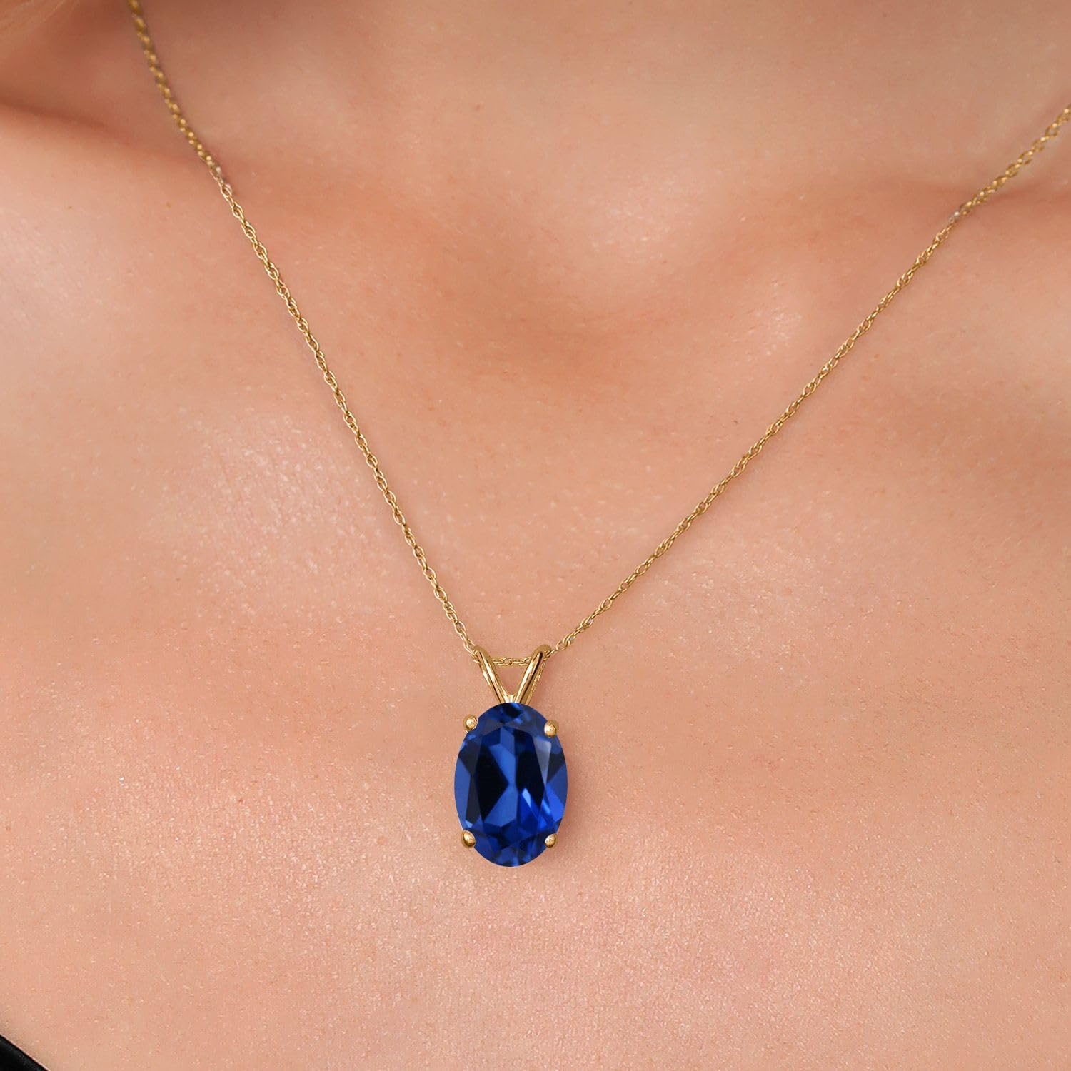 Gem Stone King 14K Yellow Gold Blue Created Sapphire Pendant Necklace for Women | 6.00 Cttw | Gemstone September Birthstone | Oval 14X10MM | With 18 Inch Chain - Image 3