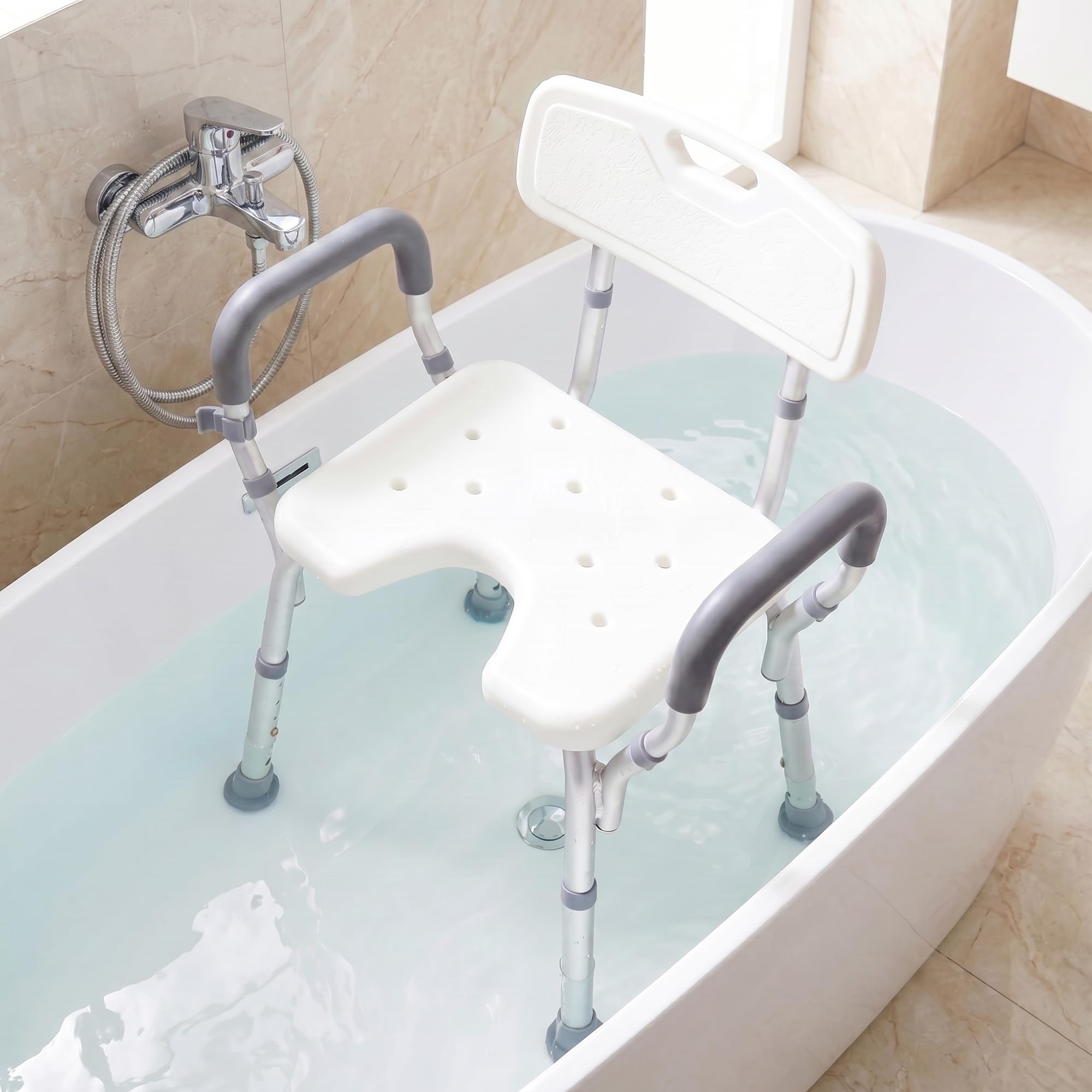 RELAX4LIFE Silla Ducha con Reposabrazos, Taburete Baño Ortopédico con 6 Alturas Ajustables, Soporte para Cabezal de Ducha, Marco de Alumnio, Asiento Antideslizante para Baño, Carga 136 kg