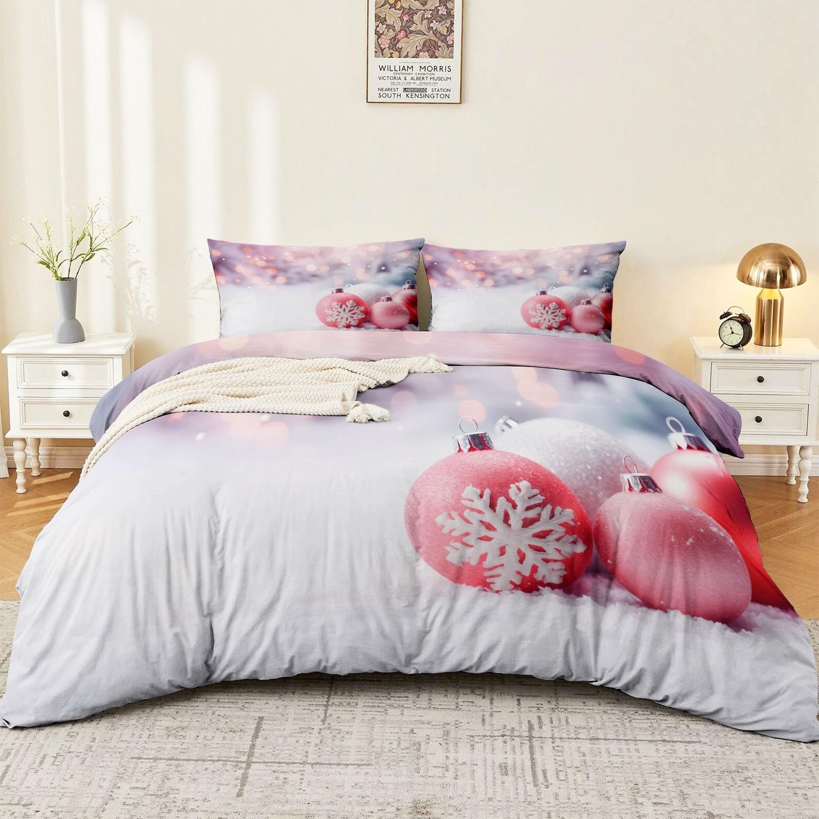 Housse de Couette 220x240 Parure de Lit Boules de Noël Roses Finition Éclair
