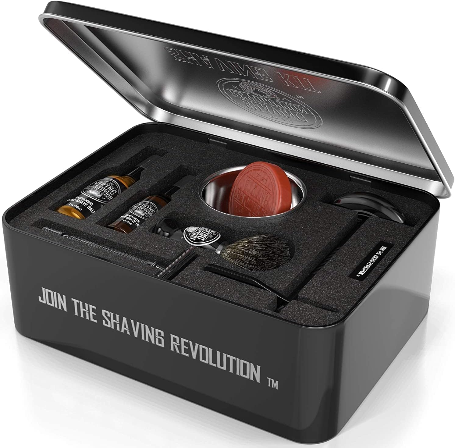 Viking Revolution - Kit de Afeitado de Lujo - Regalo Hombre - Incluye Maquinilla, Soporte, Tazón, Bálsamo, Aceite Pre-Afeitado y Brocha de Tejón - Perfecto Set de Afeitado