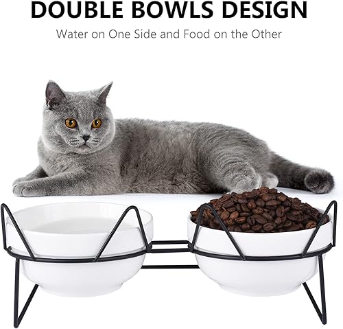 Miniatura 4 de Trosetry - Cuencos para gatos, cuencos dobles de cerámica para mascotas con soporte elevado inclinado a 15 para comida y agua, comedero antivómitos,