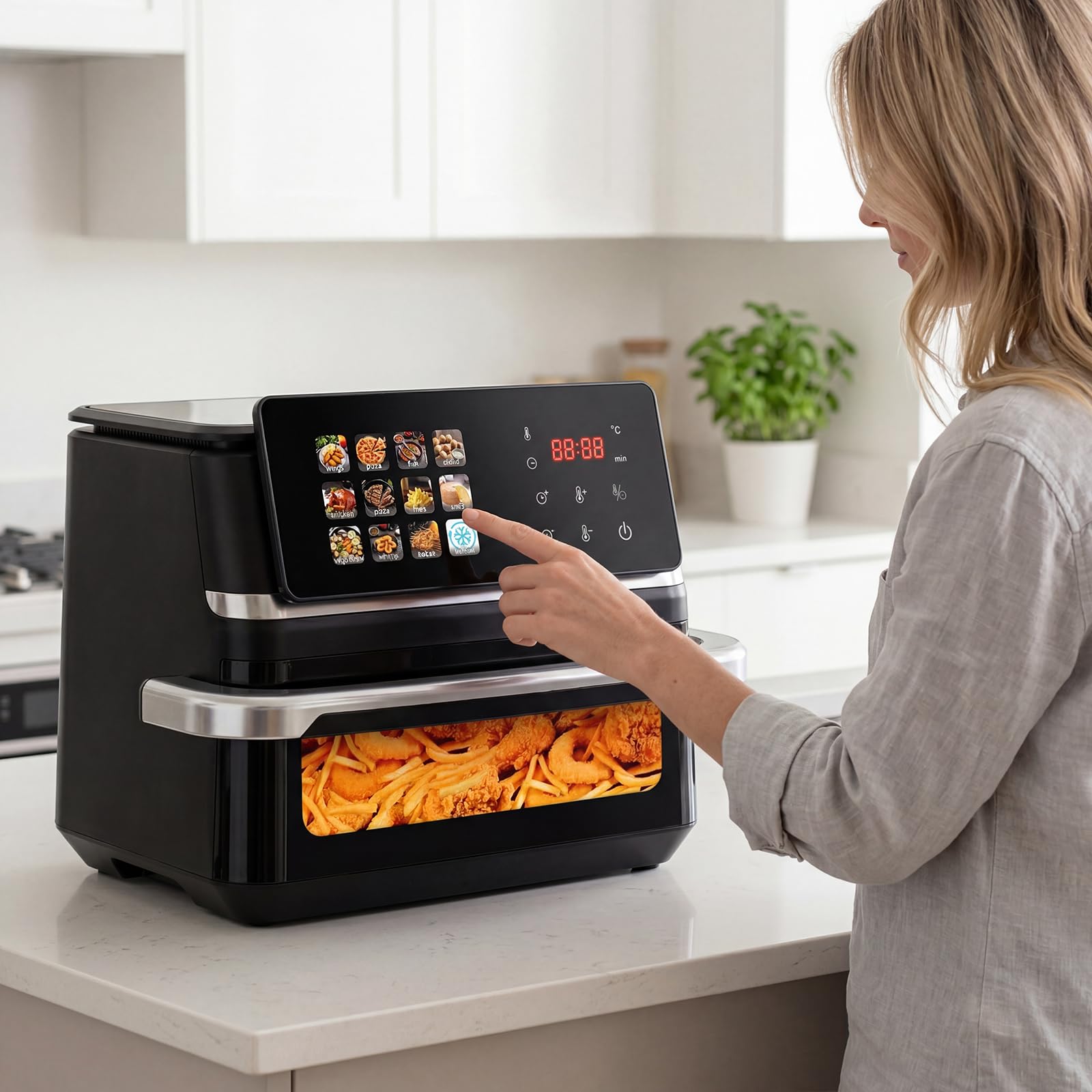 12L air fryer airfryer avec hublot,Écran tactile 12 programmes de cuisson,rôtissage,grillade,décongélation,2000W,50 feuilles de papier sulfurisé pour friteuse à air chaud incluses