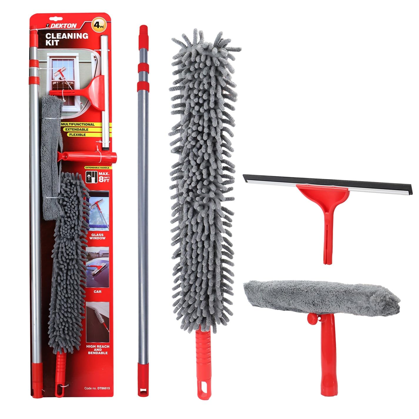 DEKTON 4-in-1 Telescopic Window Cleaning Kit with 8ft Long Reach Pole, Bendable Duster, Squeegee & Scrubber for High Windows, Ceilings & Conservatories