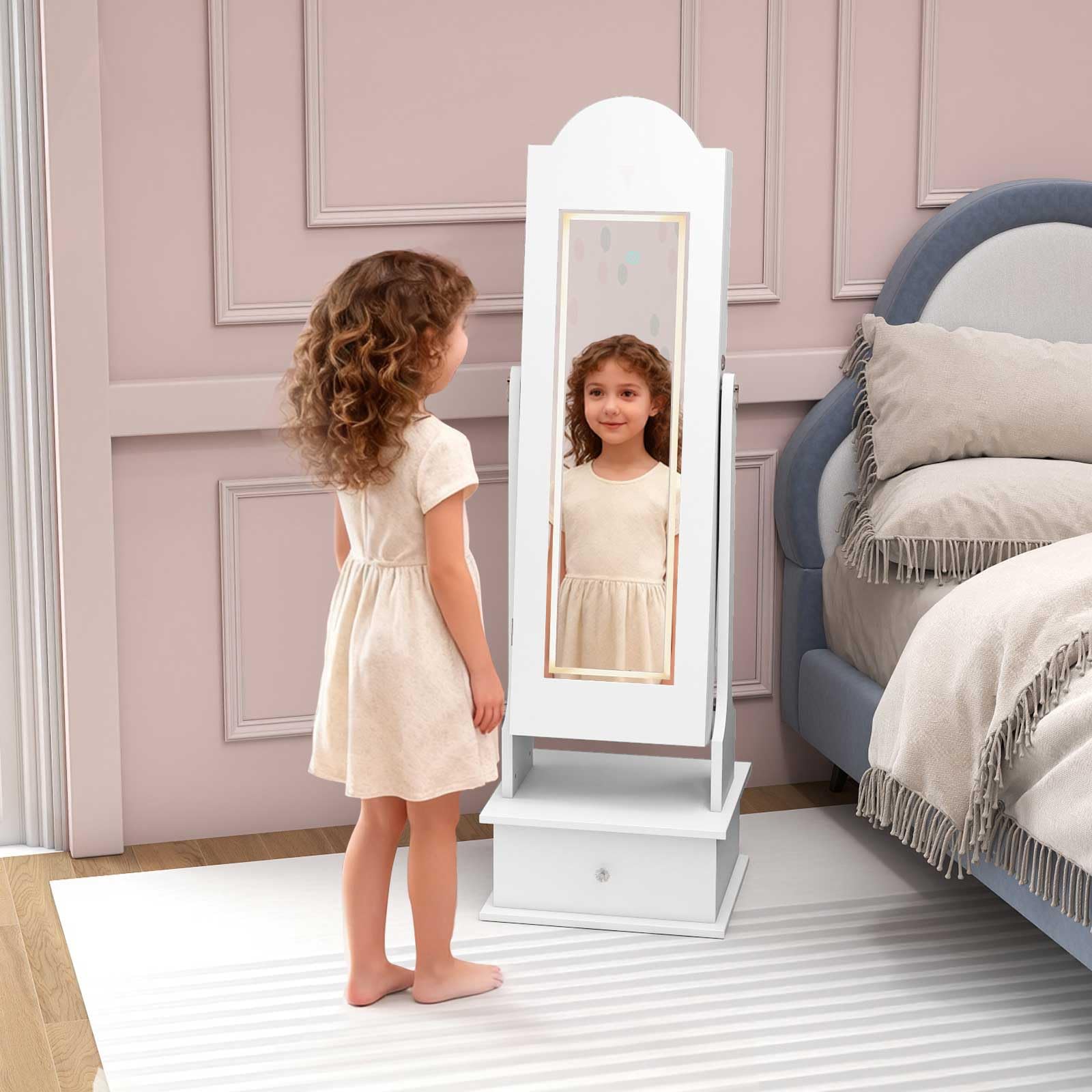 COSTWAY Armoire à Bijoux Enfant avec Miroir Éclairé et Tiroir, Organisateur de Bijoux en Forme Nuage avec Dispositif Anti-basculement, 2 Angles d'Inclinaison, Miroir Pleine Longueur, 3 Ans+ (Blanc)