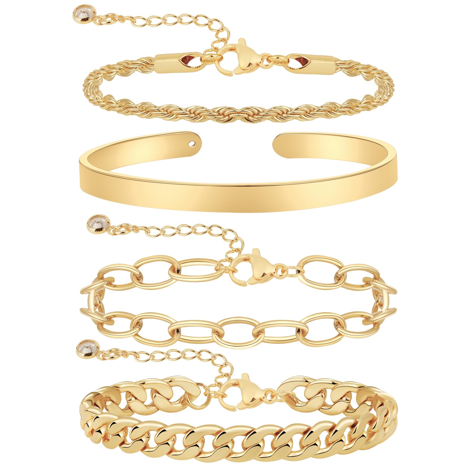 CAROVO Gold Chain Bracelets for Women, 14K Gold Plated Bracelet Set Minimalist Rope Paperclip Cuff Bracelet Delicate Herringbone Chain Bracelet Cute