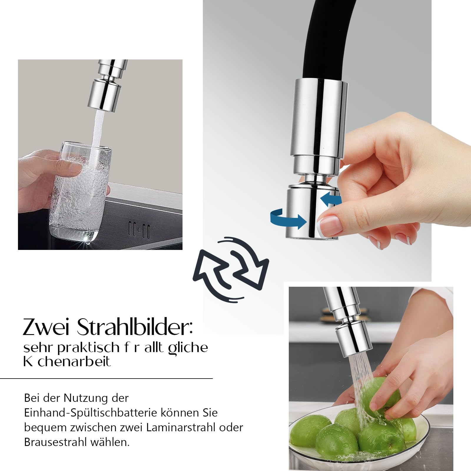 Grifo de cocina con caño flexible, grifo de cocina de alta presión, regulador de chorro con 2 chorros ajustables, grifo monomando mezclador giratorio 360°, grifo para fregadero de cocina
