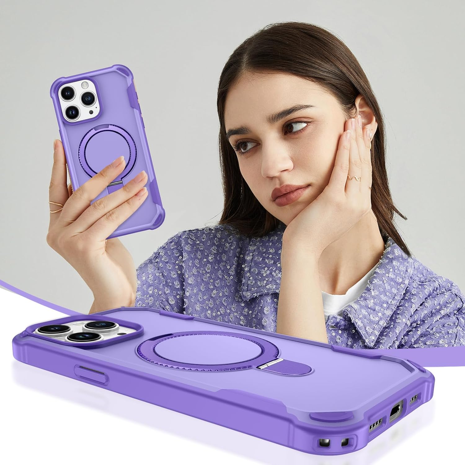BENTOBEN for iPhone 15 Pro Case with Magnetic Stand Holder [Military Drop Protection] [Compatible with MagSafe] Non-Slip Grip Protective Phone Case for iPhone 15 Pro 6.1'', Purple - Image 8