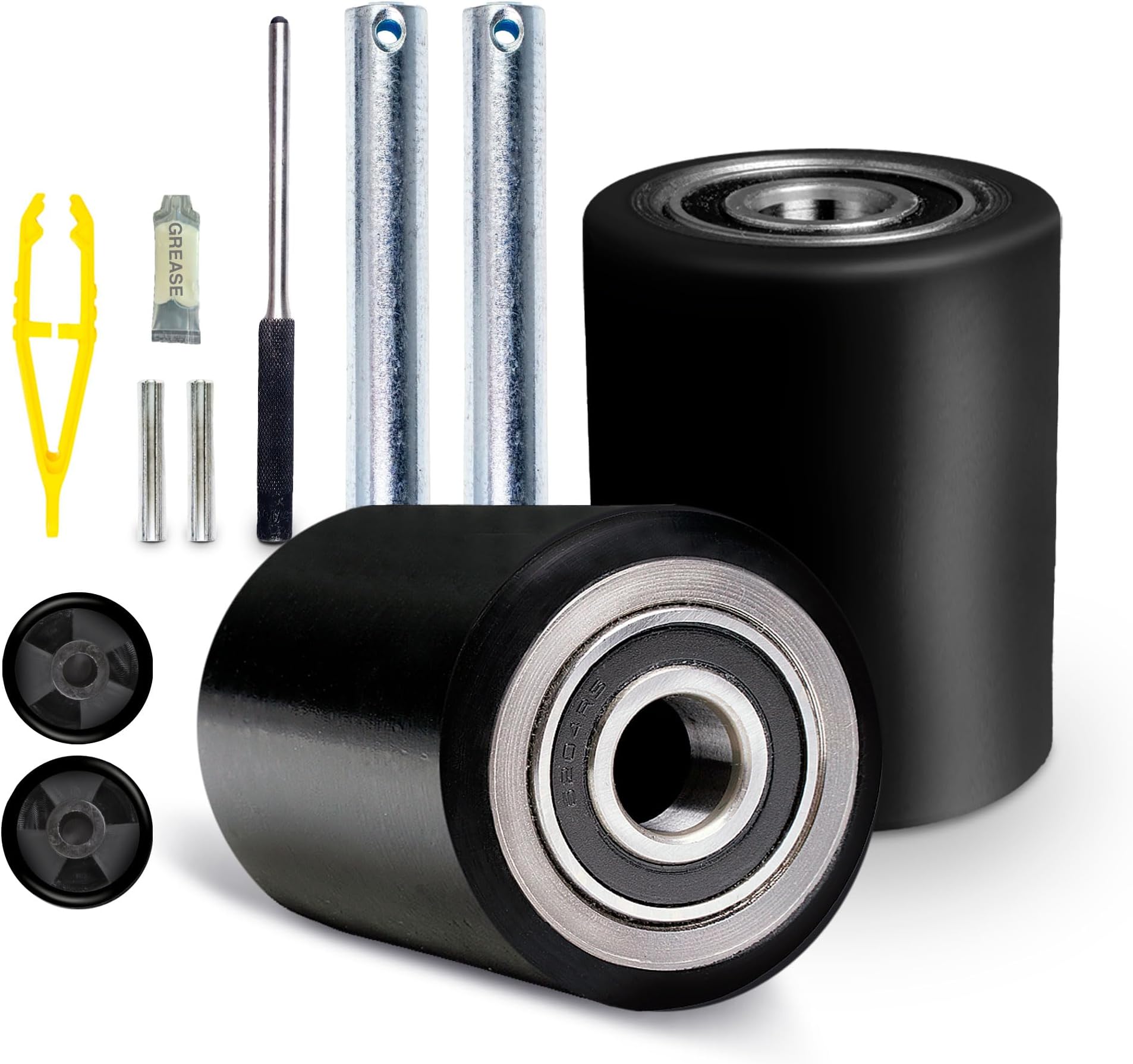 Pallet Jack/Truck Load Wheels Full Set with Axles and Entry Exit Roller 3" x 3.75" with Bearings ID 20mm Poly Tread Black