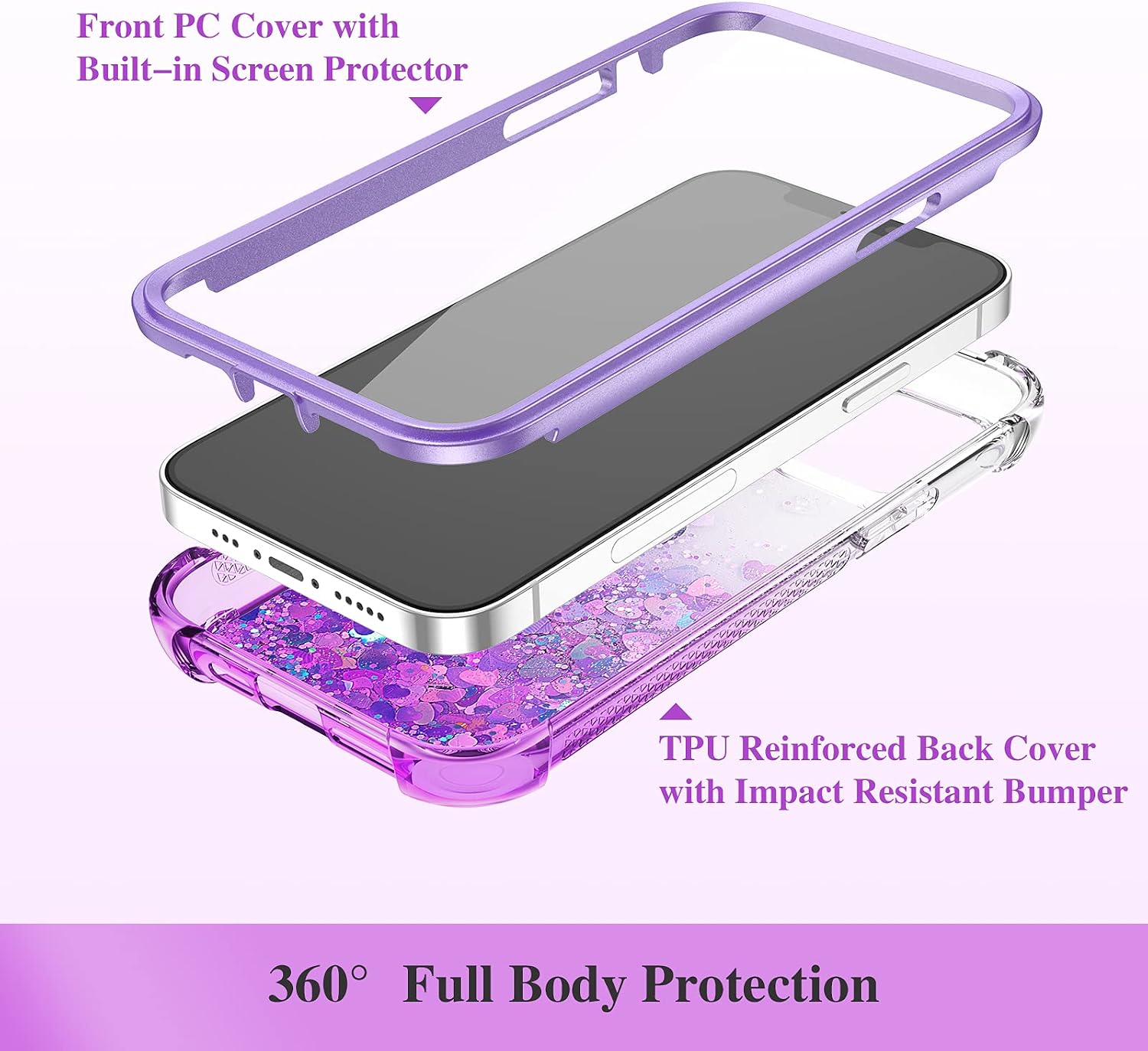 Ruky iPhone 12 Case, Full Body Glitter Liquid Cover with Built-in Screen Protector Shockproof Rugged Protective Women Girly Girls Phone Case for iPhone 12 & 12 Pro 6.1”, Gradient Purple