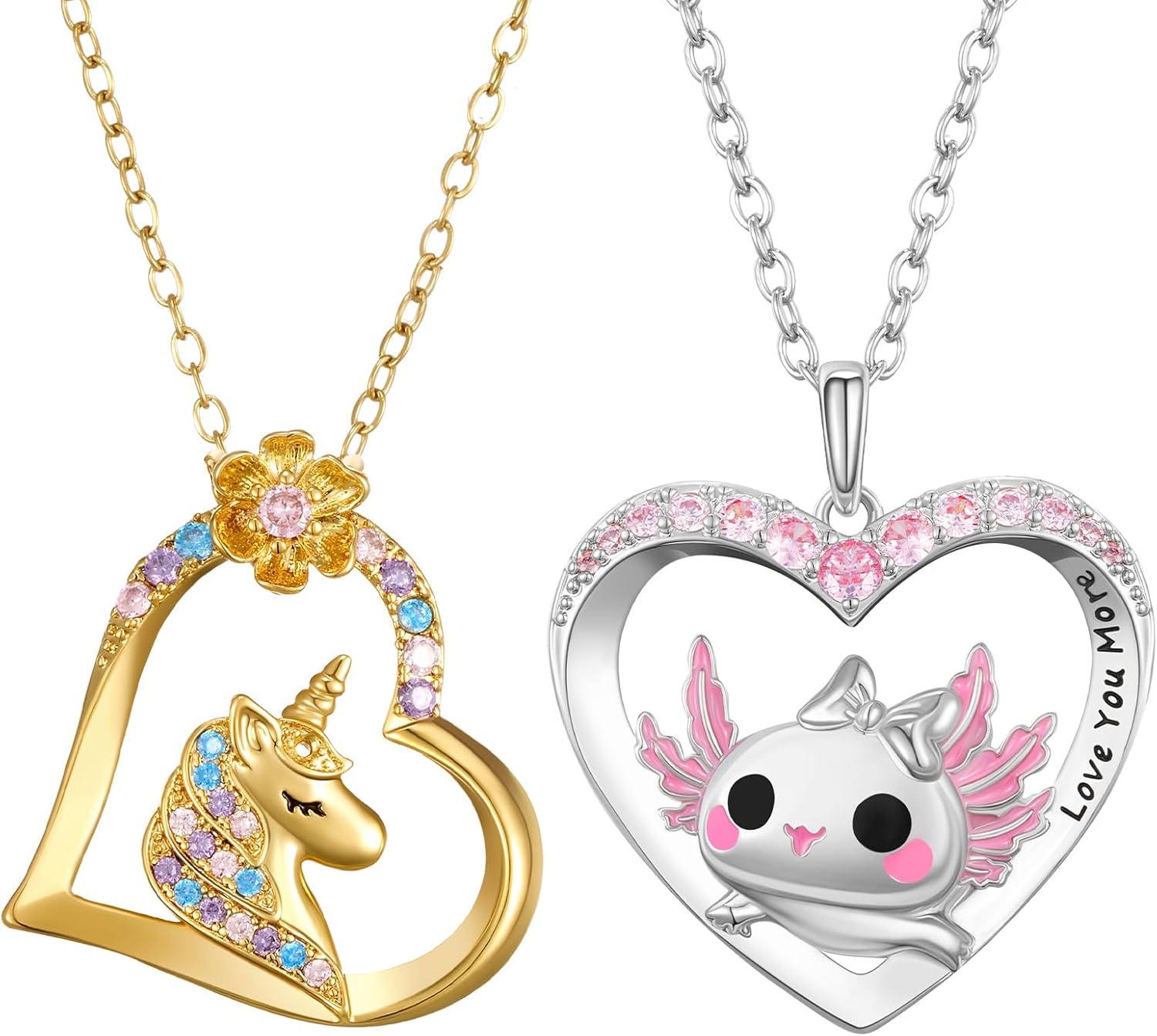 NORBU 2-Pack Axolotl Unicorn Necklace Set for Girls, Cubic Zirconia Childrens Necklace with Lovely Pendant Charm, Kids Jewelry Gift for Birthday Christmas