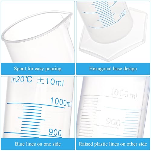 Miniatura 3 de Bekith Paquete de 4 cilindros graduados de plástico de 33.8 fl oz con base estable, cilindro de medición de plástico de 2 caras, cilindro de