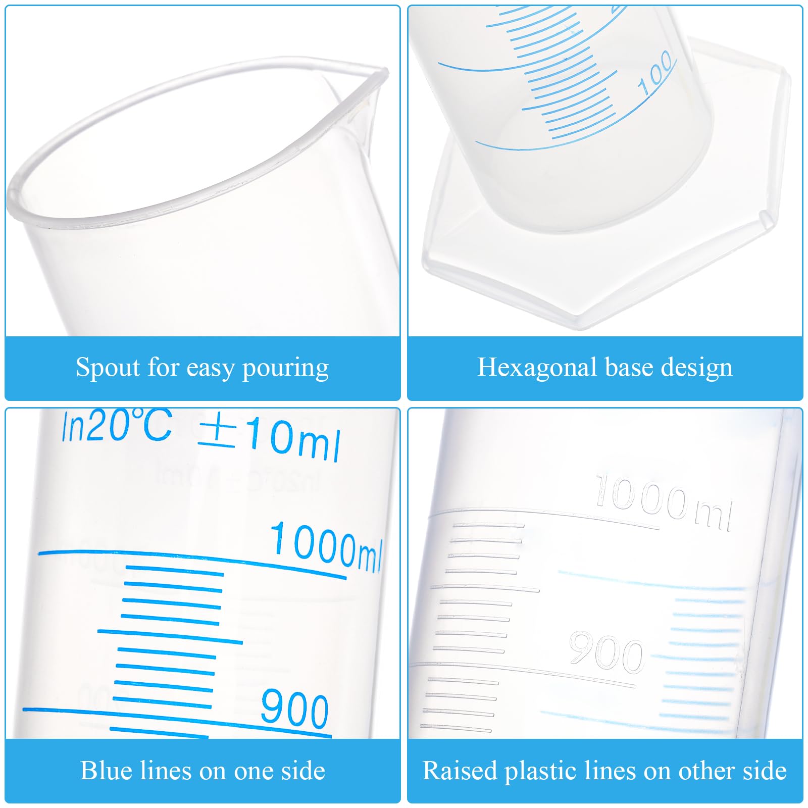Bekith Confezione da 4 cilindri graduati in plastica da 1000 ml con base stabile, cilindri graduati in plastica su 2 lati, cilindri graduati trasparenti per progetti scientifici, forniture di