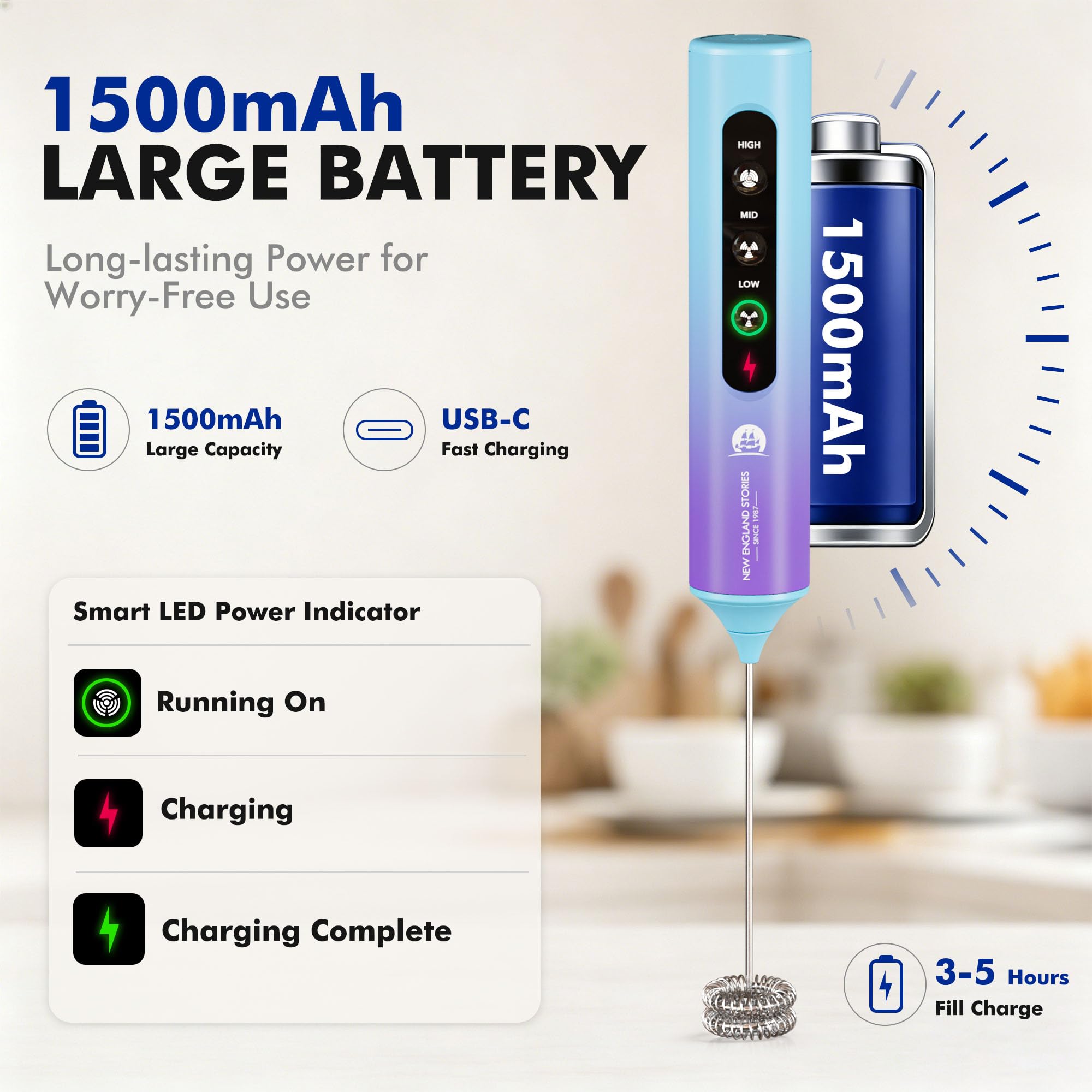 Mousseur à lait rechargeable avec support, 4 fouets interchangeables et étui de voyage – Mélangeur portatif pour lattés, matcha, chocolat chaud, œufs et boissons protéinées