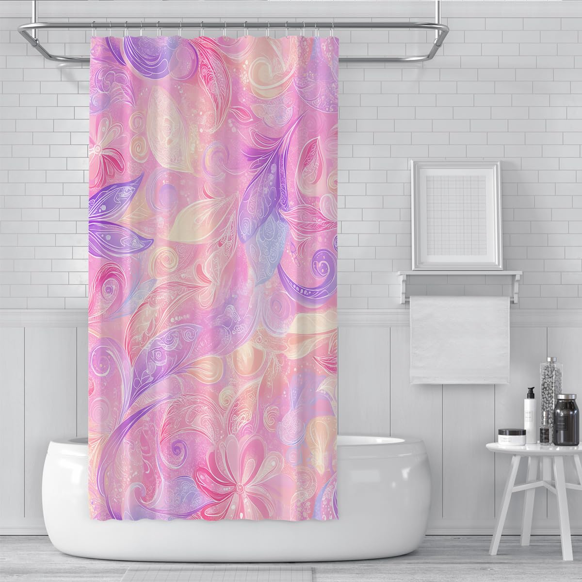 Boho Paisley Zasłona prysznicowa, różowa, fioletowa, kwiatowa, zestaw, wodoszczelna, materiałowa zasłona łazienkowa z haczykami, do dekoracji łazienki, 150 x 200 cm