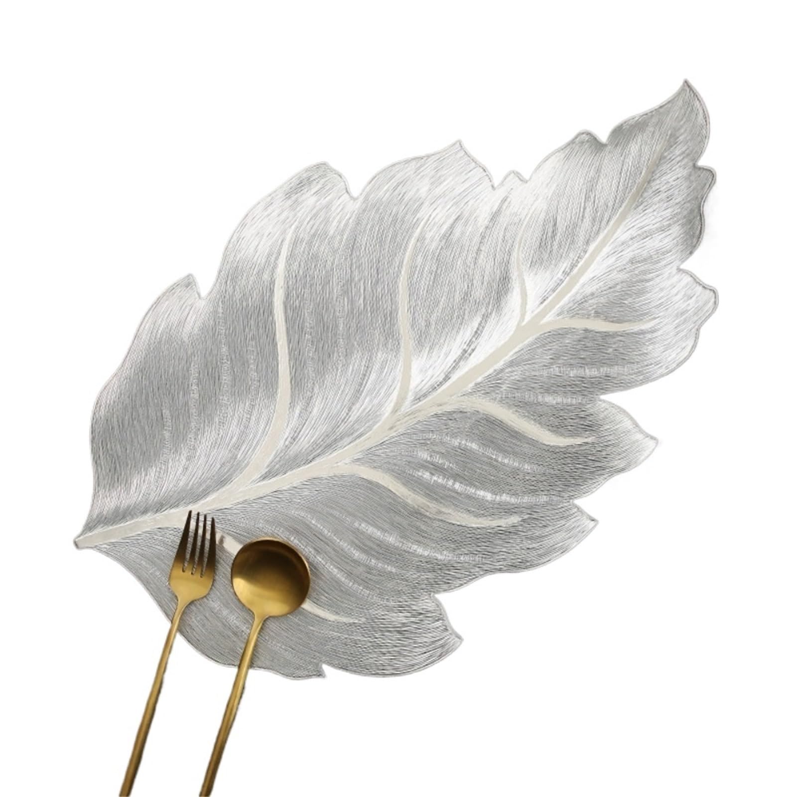 PVC Dining Table Mat Gold Leaf Placemat Heat Resistant Washable Coaster Dining Mat Waterproof Wipeable Table Place Dinner Decoration(Silver B)