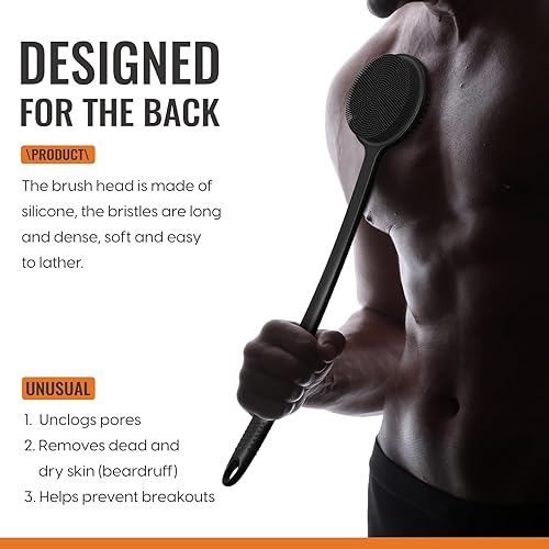 Miniatura 3 de Cepillo de silicona para la espalda, cepillo de cuerpo de mango largo de 17 pulgadas, cepillo de ducha de doble cara para exfoliación de ducha y