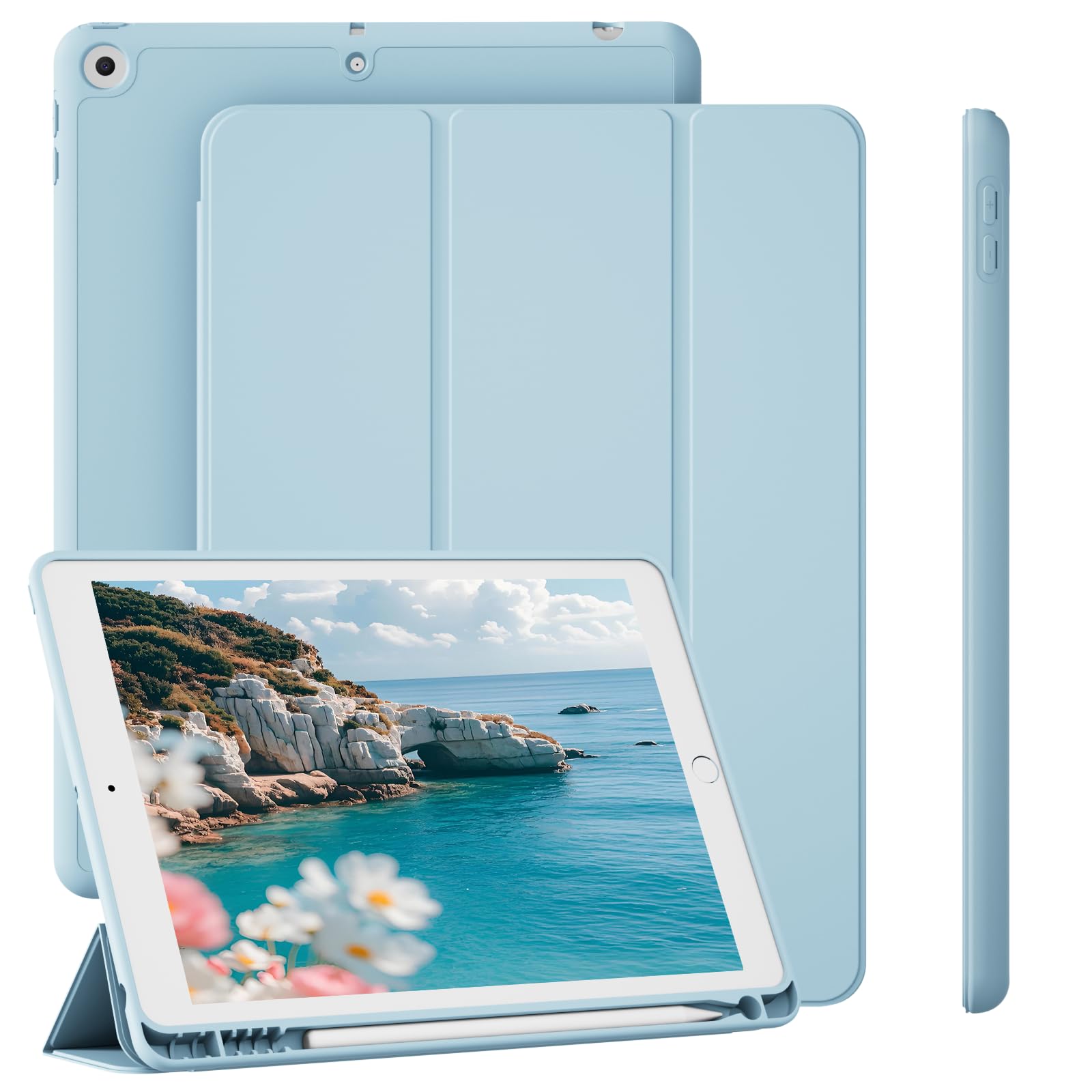 KTGGHG Slim Case for iPad 10.2-Inch 9th/8th/7th Generation (2021/2020/2019) with Pencil Holder, Trifold Stand Lightweight Smart Protective Cover for iPad 10.2" 9th/8th/7th, Auto Sleep/Wake, Sky Blue