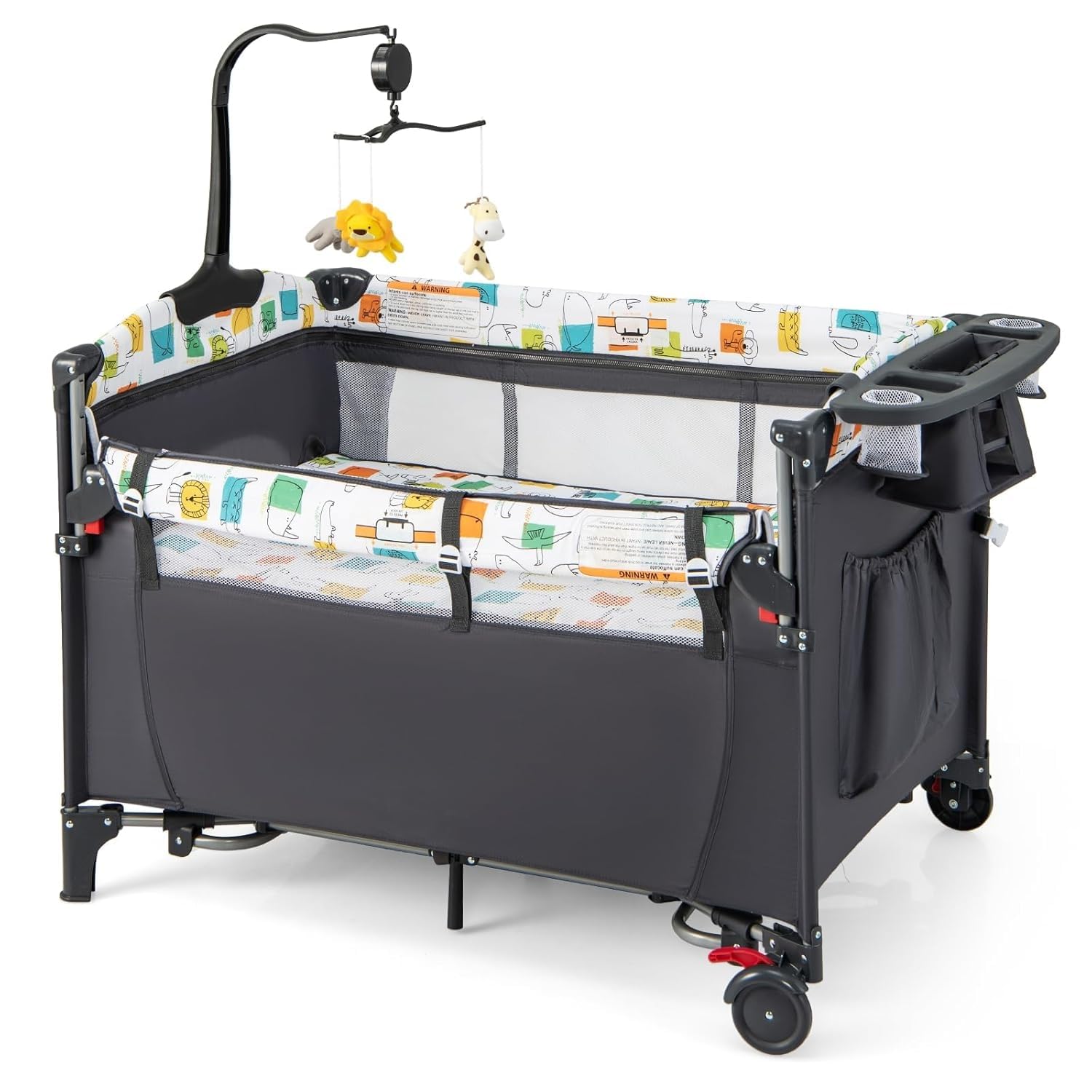 5 in 1 Folding Travel Cot, Portable Baby Bed Playard with Diaper Changer, Music Box, Mattress, Hanging Toys & Basket, Side Zipper Entrance, Infant Bassinet Nursery Center for Newborn (Grey)