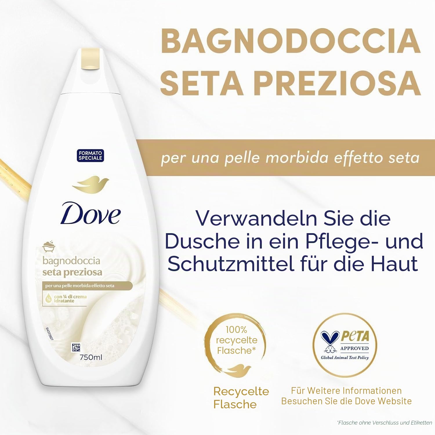 Dove Duschschaum aus Seide, Formel mit Dermo-natürlicher Feuchtigkeitsspender, mit 1/4 Feuchtigkeitscreme, dermatologisch getestet, Duschgel für Damen und Herren, 100% recycelte Flasche* 6 Stück x