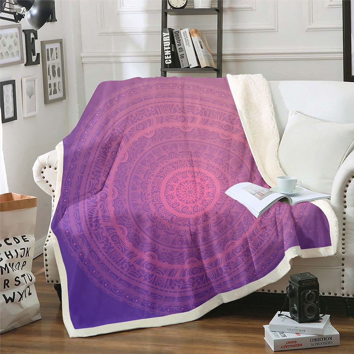 Coperta in pile con mandala, in stile bohémien, motivo mandala, in stile bohémien, stile esotico, per divano letto, king e 200 x 200 cm