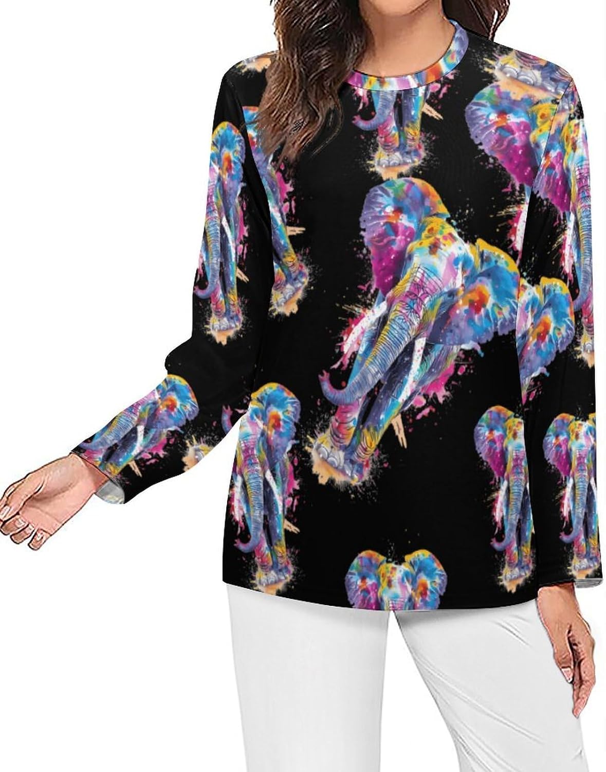 Watercolor Elephant Women's Pajama Top Sleepwear Pajamas Sleep T-Shirt Long Sleeve Shirt Crewneck Tee
