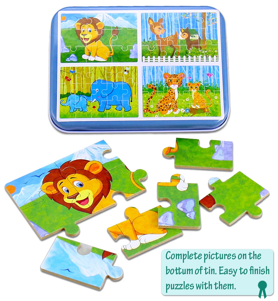 BBLIKE Puzzle - 4 pezzi Giochi Legno Bambini con Confezione in Scatola di Ferro, Foresta Animali(B)