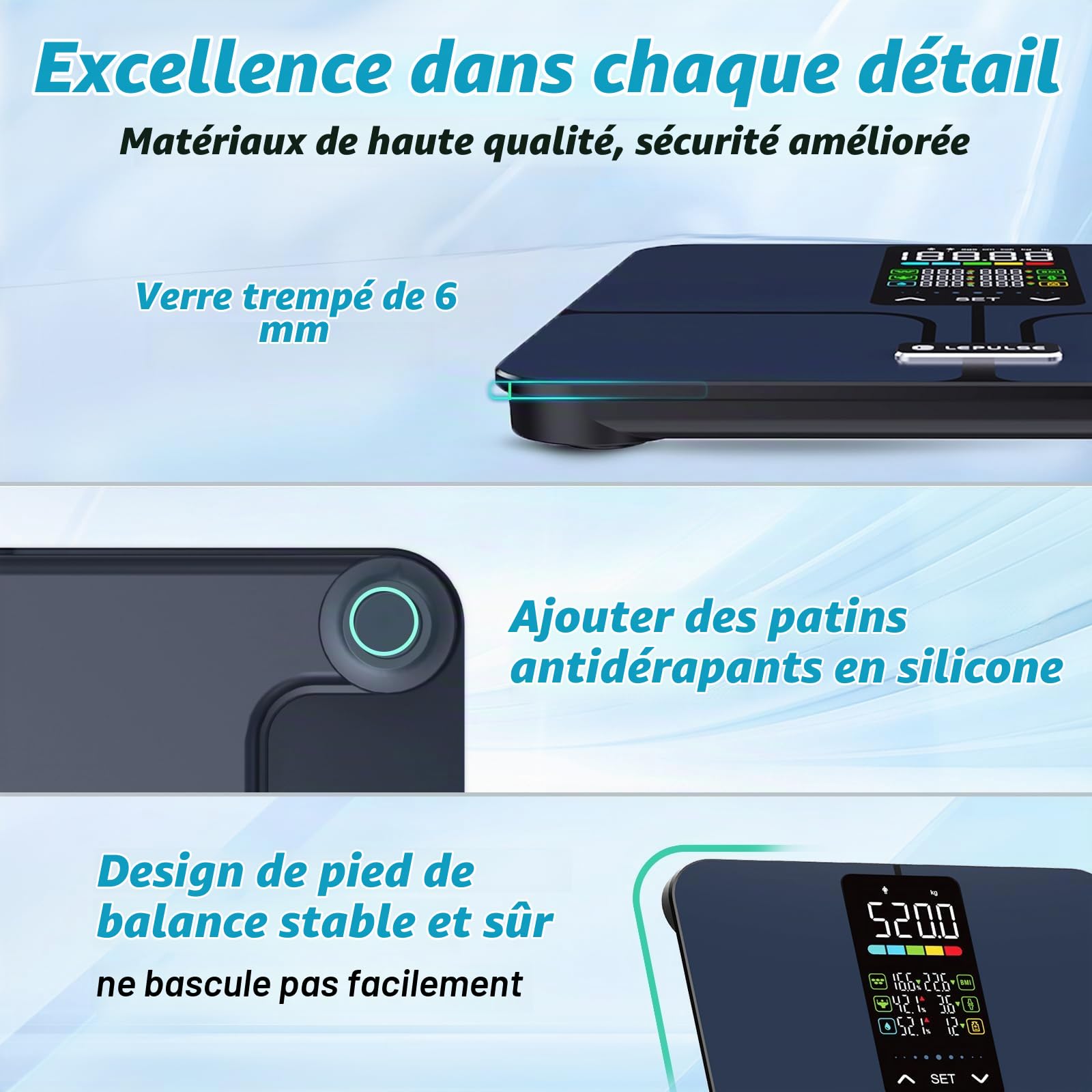 Balance Pese Personne Sans Application, 227 Kg, 5,44" Grand Écran, 8 Indicateurs Avec Technologie Revêtement ITO, Pese Personne Masse Graisseuse Et Muscle, 10 Identifiants Utilisateur, 30*30 cm