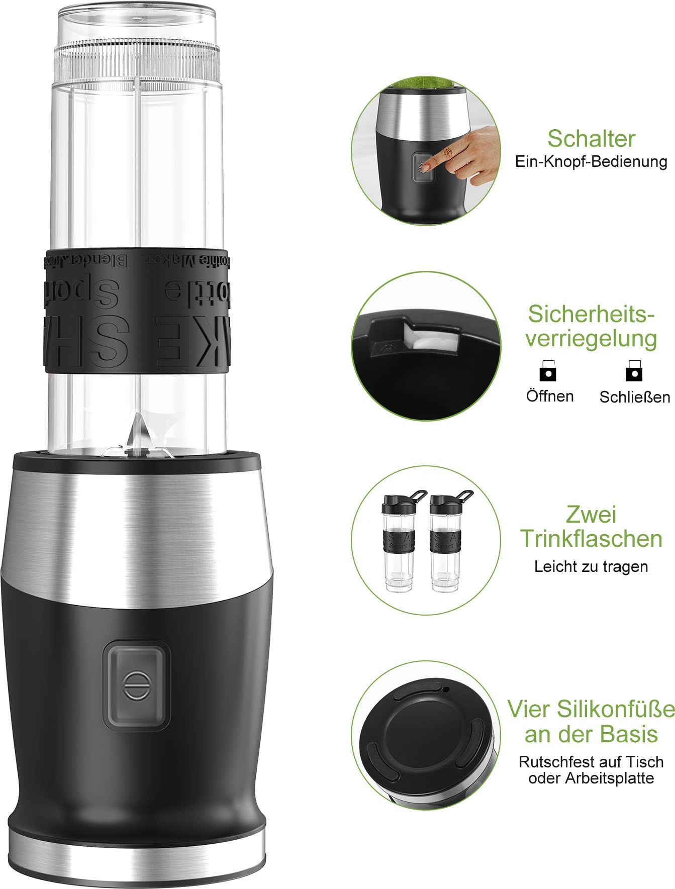 Mixer, 500W Smoothie Maker, Standmixer & Mixer Smoothie Maker mit 2x570ml Smoothie Flaschen BPA frei Tritan,Tragbarer Blender aus Edelstahl 4-Blatt für Shake und Smoothie