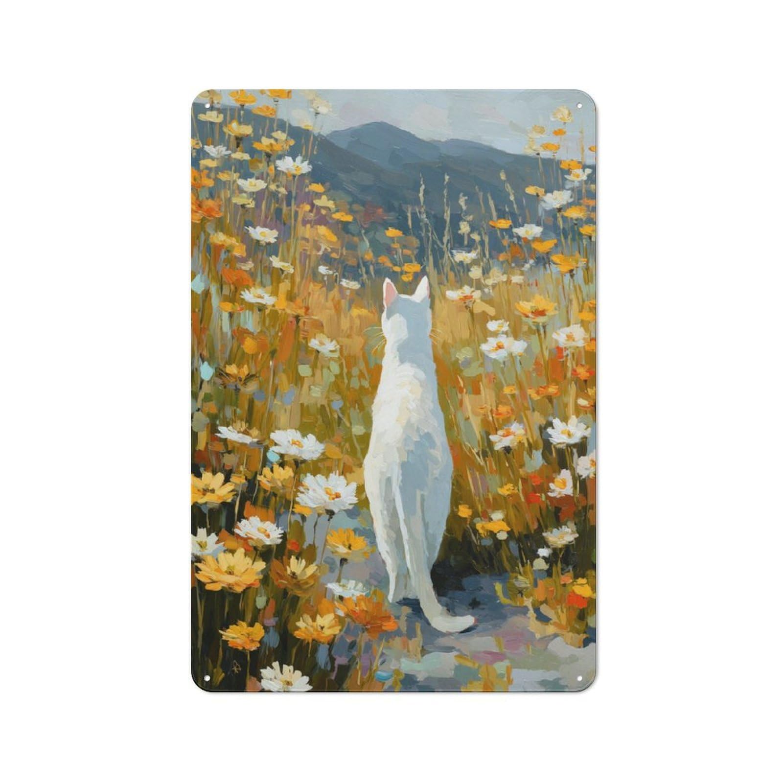 Junmoney White Cat In A Field Of Flowers Tin Wall Plaque With Design 30X20cm, Farmhouse Rustic Kitchen Decor For Dining Room, Cafe, Entryway Or Family Room