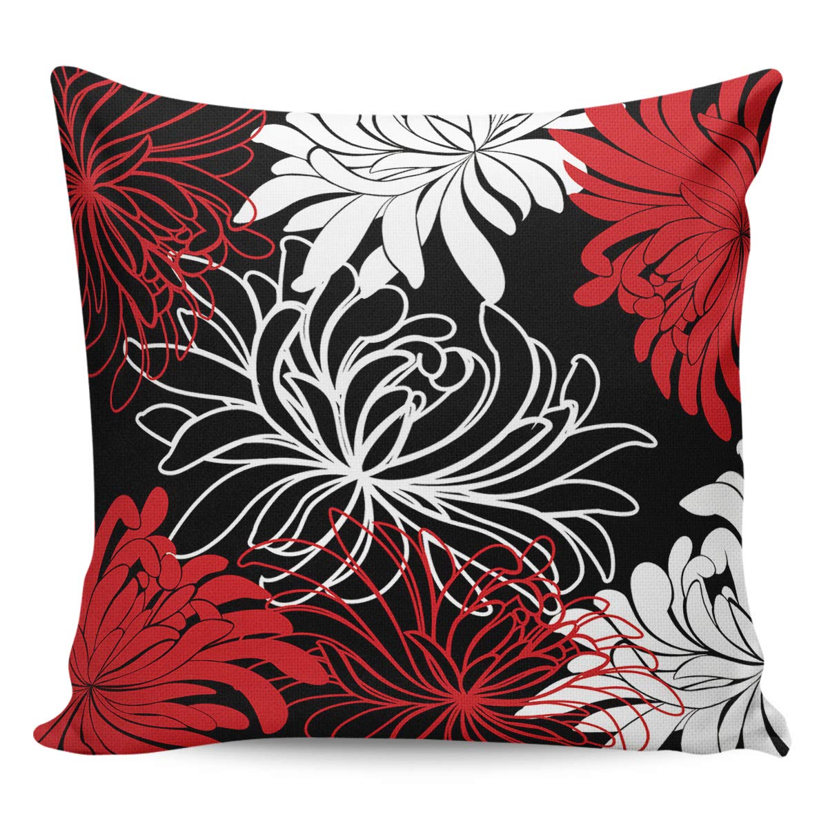 DoremiHome Cotton Linen Pillow Covers Cases Floral, Square Cushion Covers for Sofa Couch Bed Chair, Luxury Pillow Cases 18x18inch - Chrysanthemum Flower Red Black White