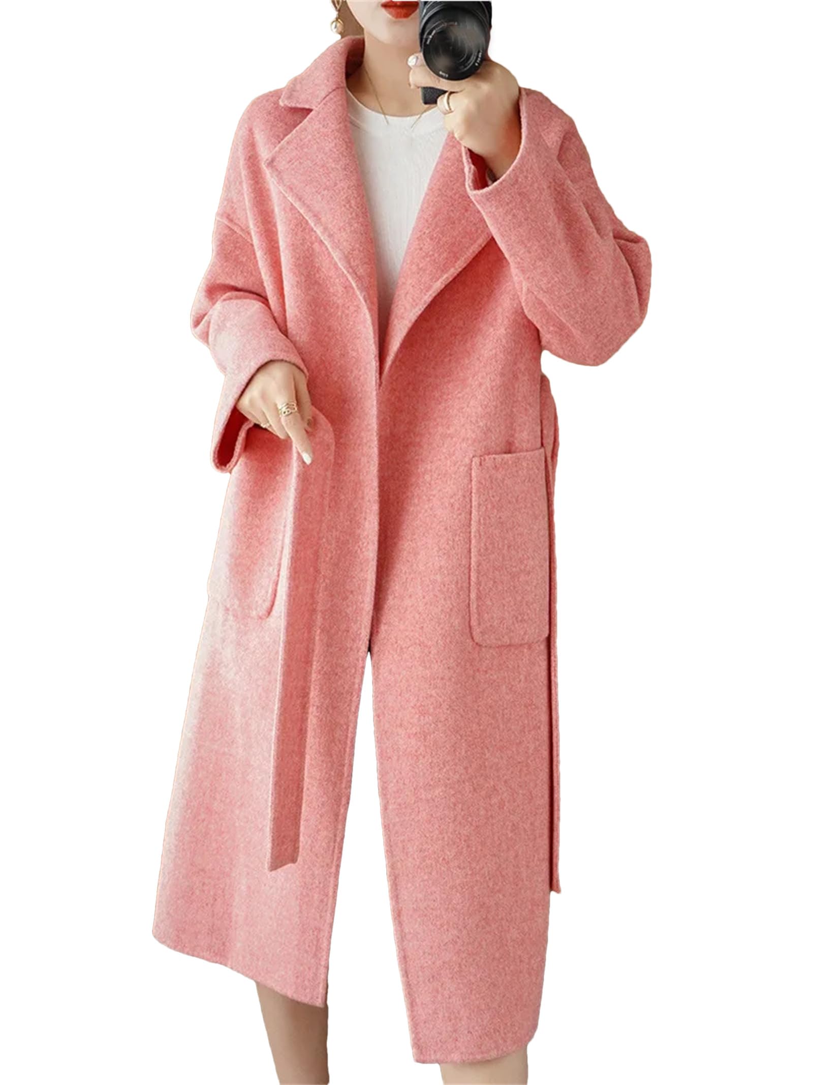 Abrigo de lana de doble cara para mujer, abrigo largo de lana con cinturón, ropa de moda, ajuste holgado