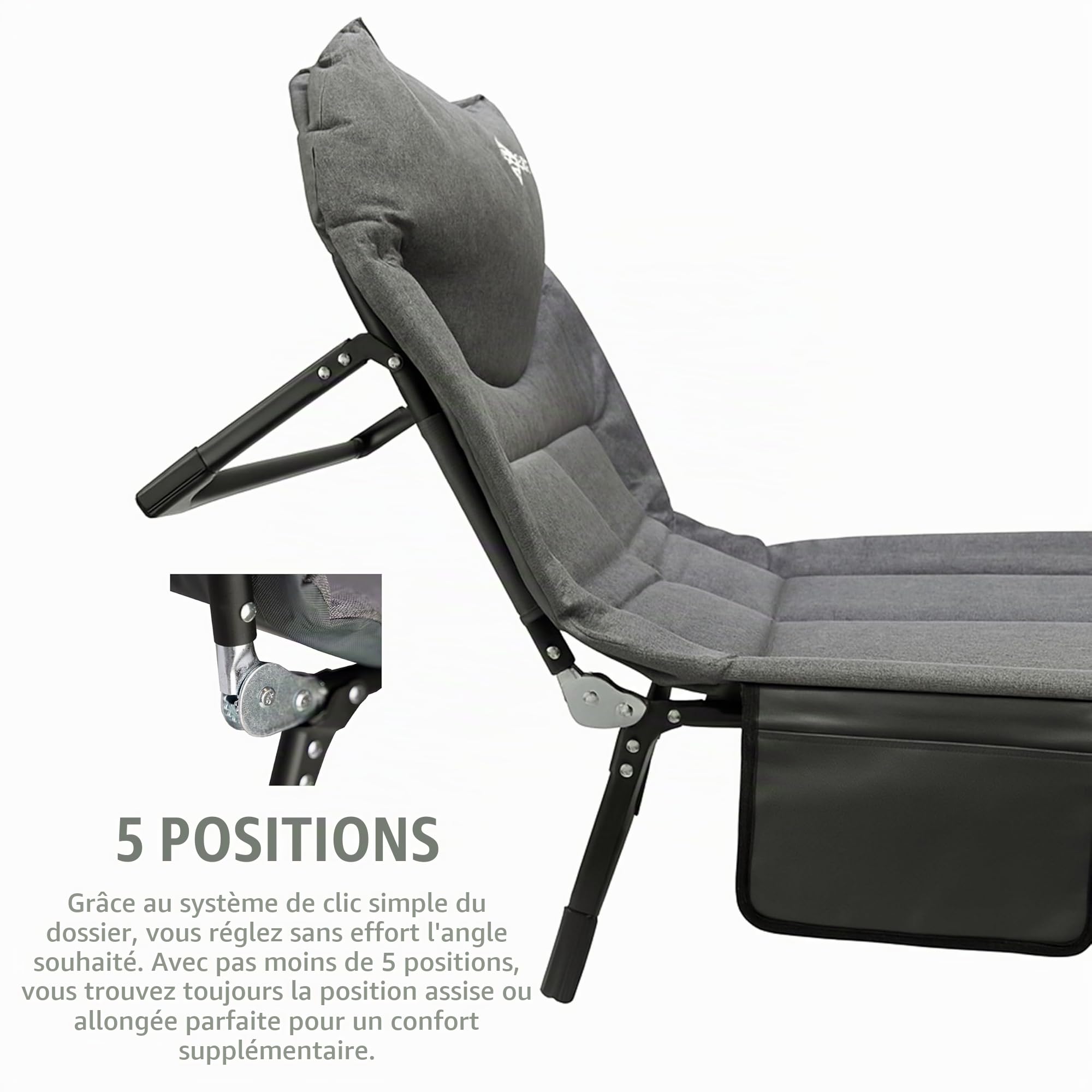 Bedchair Carpe - Lit de Pêche à la Carpe 8 Pieds - Dossier Réglable 5 Positions - Poche Latérale - Appui-tête Rembourré - 195x65x27 cm